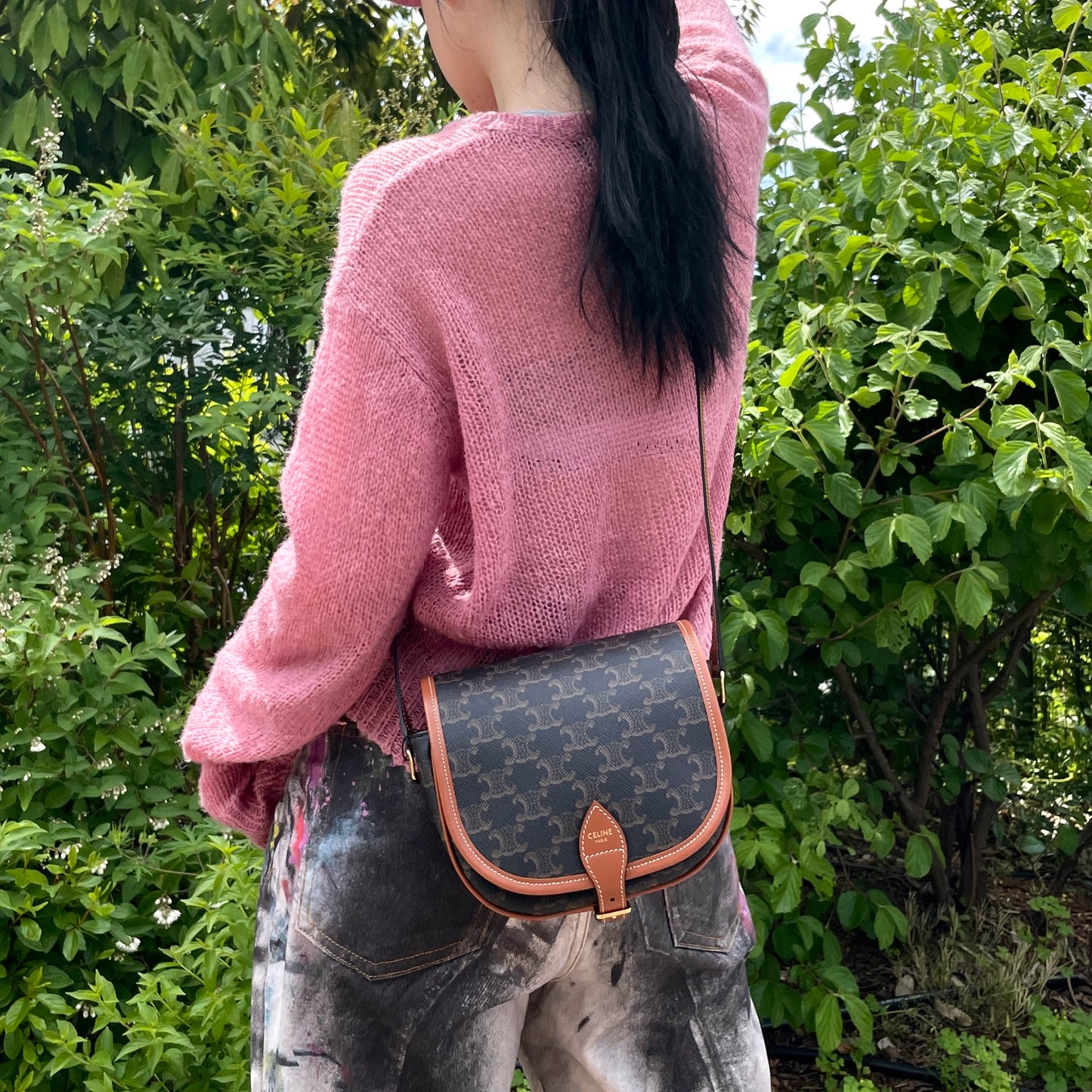 GREAT CONDITION CELINE Medium Folco Bag In Triomphe Canvas &amp; Calfskin Crossbody Shoulder Bag