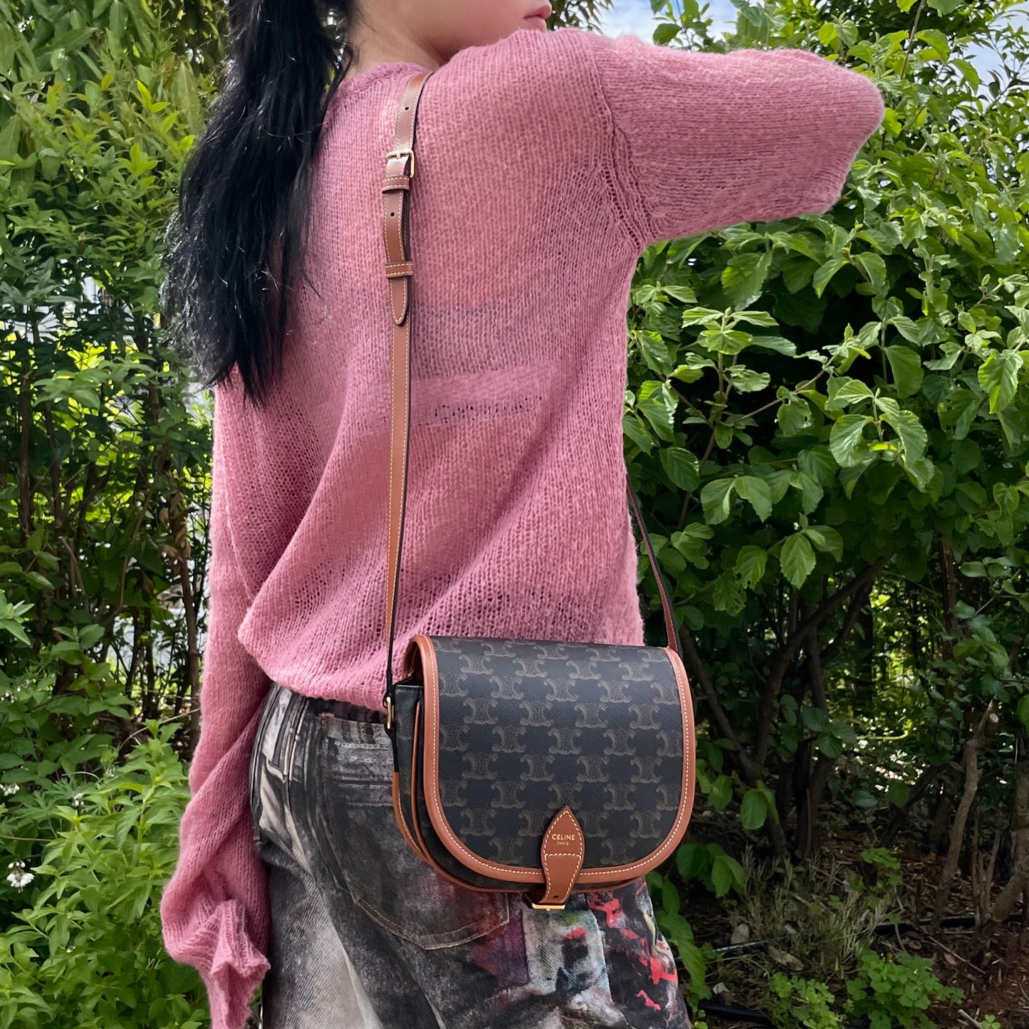 GREAT CONDITION CELINE Medium Folco Bag In Triomphe Canvas &amp; Calfskin Crossbody Shoulder Bag