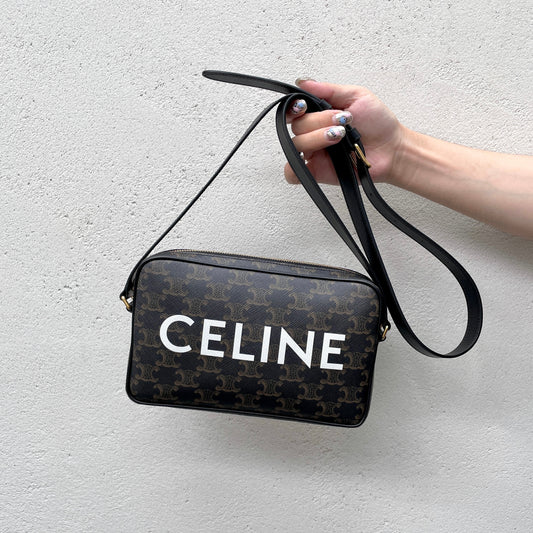 CELINE Triomphe PVC CELINE LOGO Crossbody Shoulder Bag Black & White