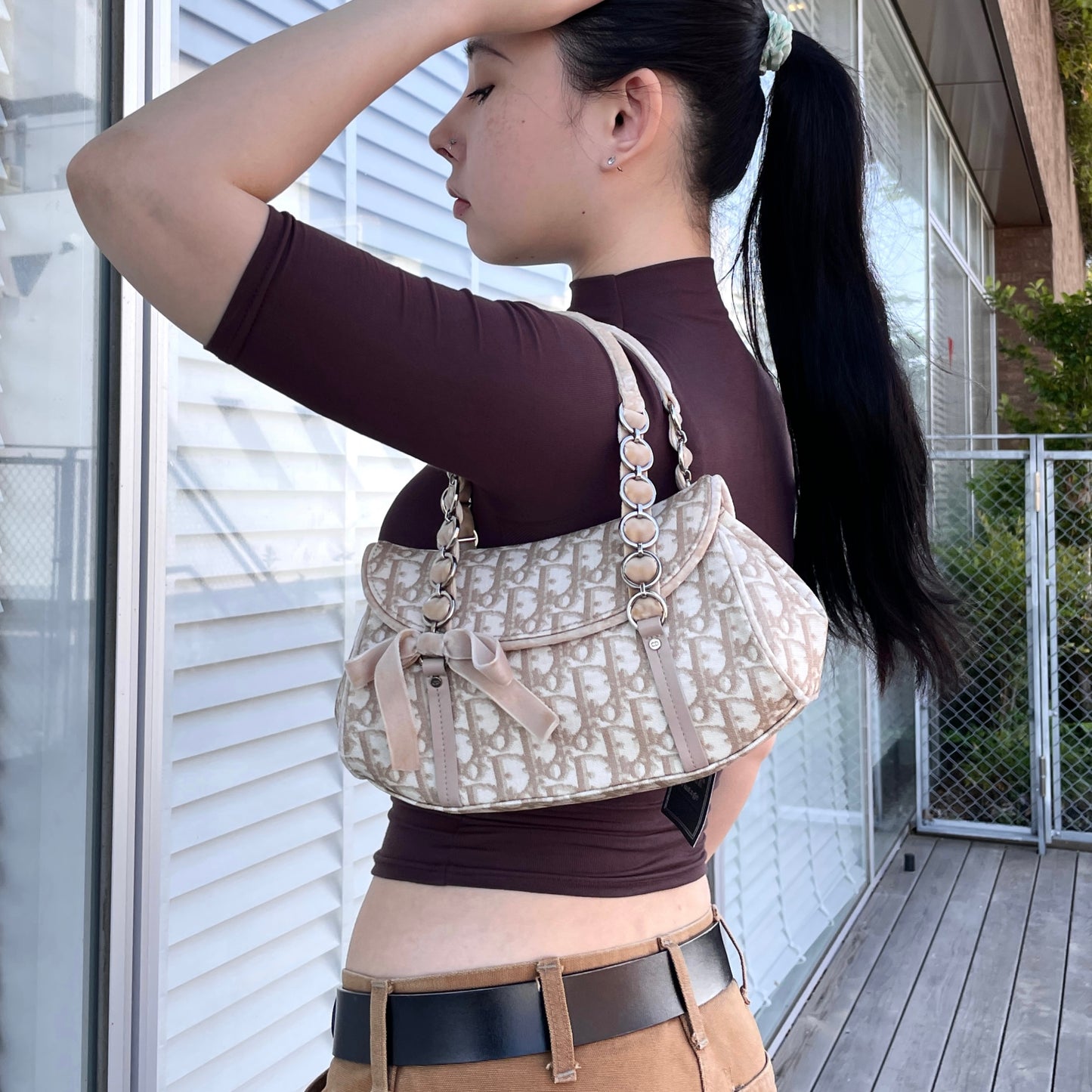 RARE☆☆☆☆CHRISTIAN DIOR Trotter PVC Ribbon Chain Handle Hand Bag Beige & Silver