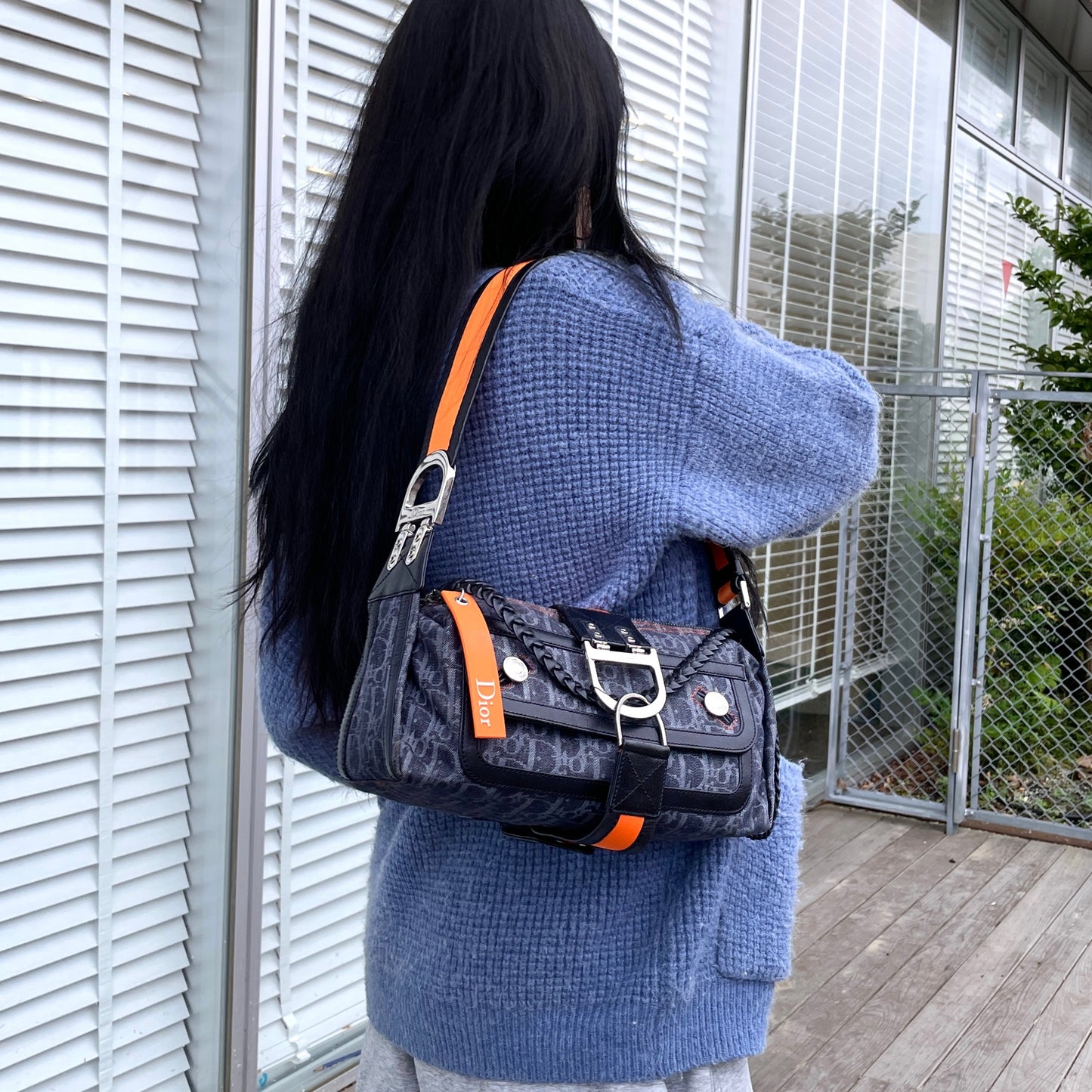 RARE☆☆☆☆CHRISTIAN DIOR 2005 FW Flight Line Trotter D Logo Hobo Shoulder Bag Navy &amp; Orange
