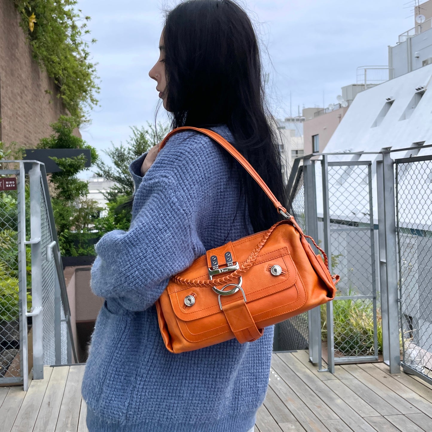 RARE☆☆☆☆CHRISTIAN DIOR 2005 FW Flight Line Leather D Logo Hobo Shoulder Bag Orange &amp; Silver