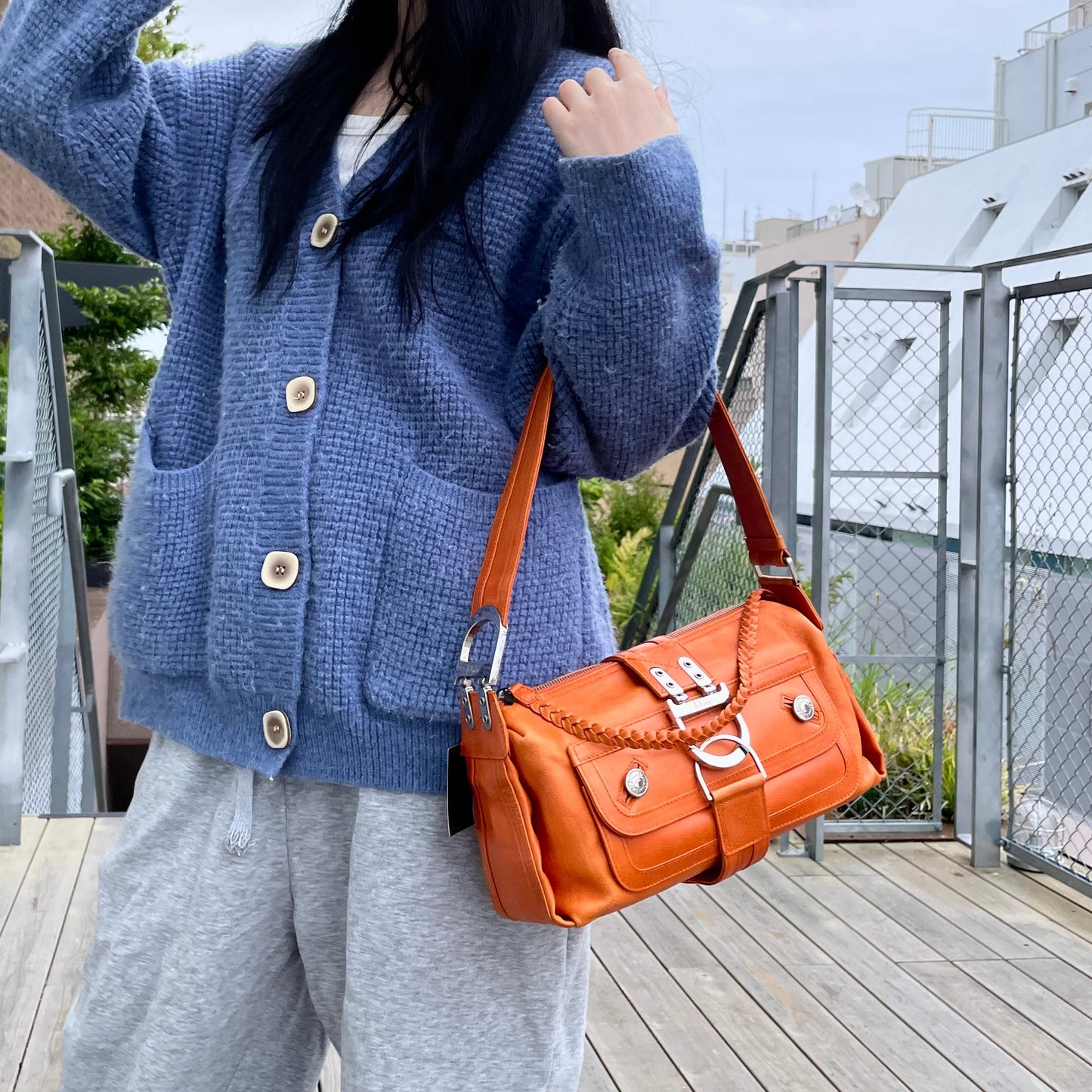 RARE☆☆☆☆CHRISTIAN DIOR 2005 FW Flight Line Leather D Logo Hobo Shoulder Bag Orange &amp; Silver