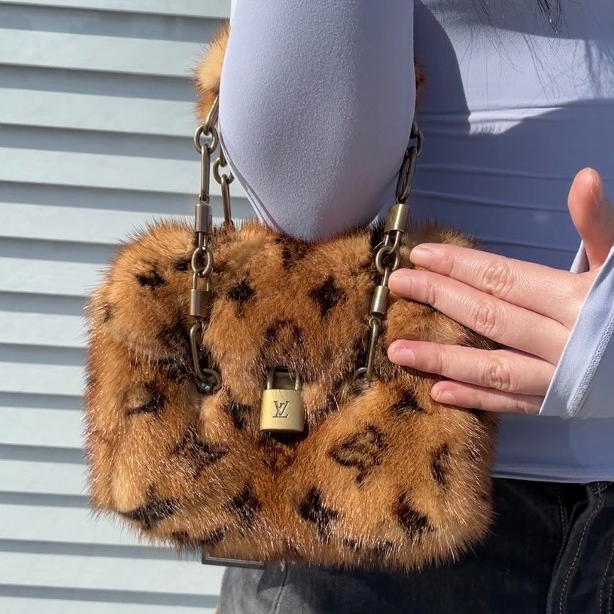 RARE☆☆☆☆☆☆☆LOUIS VUITTON 2004 Extraordinary Mini Papillon Monogram Mink Fur Crocodile Leather Brown & Antique Gold