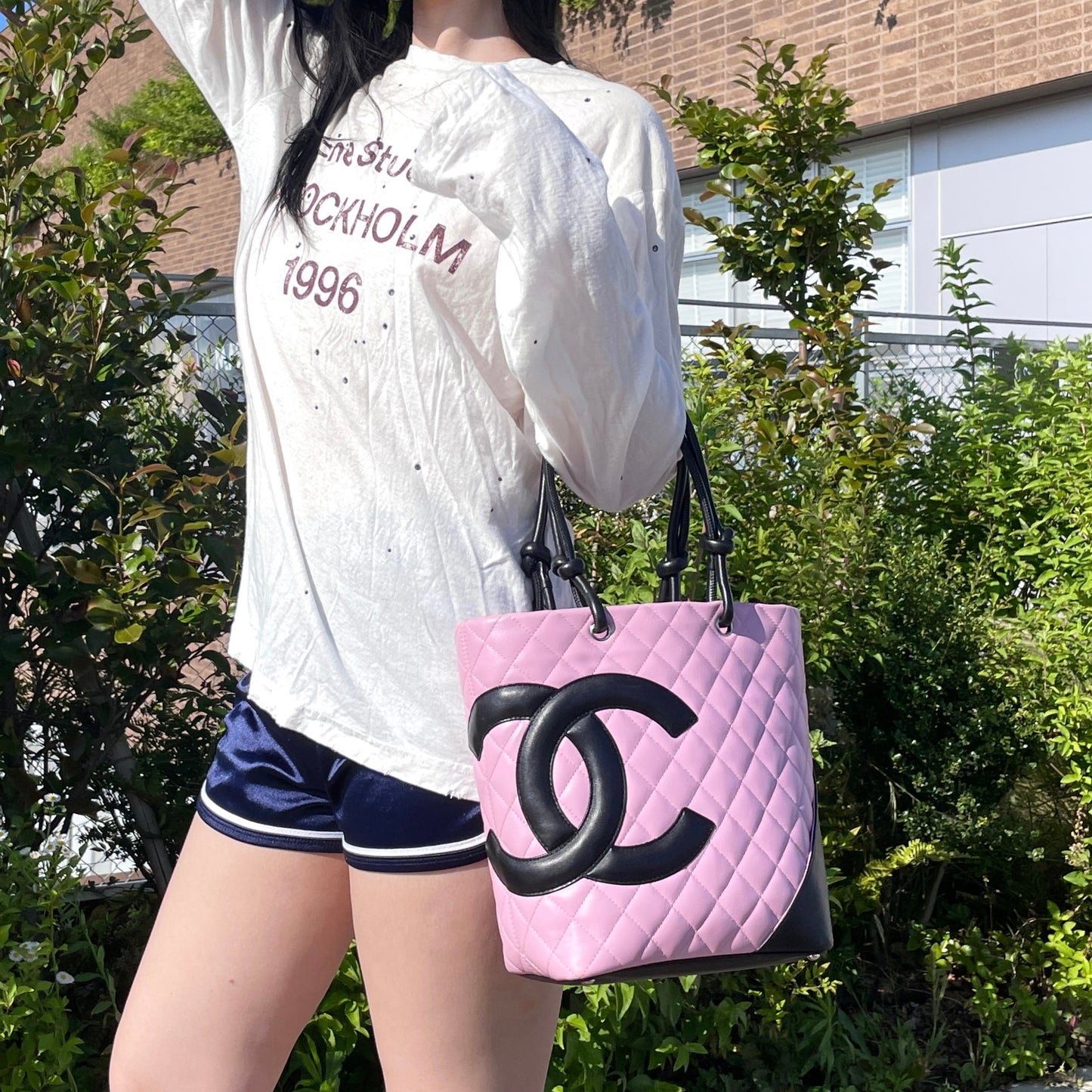 RARE☆☆☆☆CHANEL Cambon Line Matelassé Tote Hand Bag PM Pink & Black