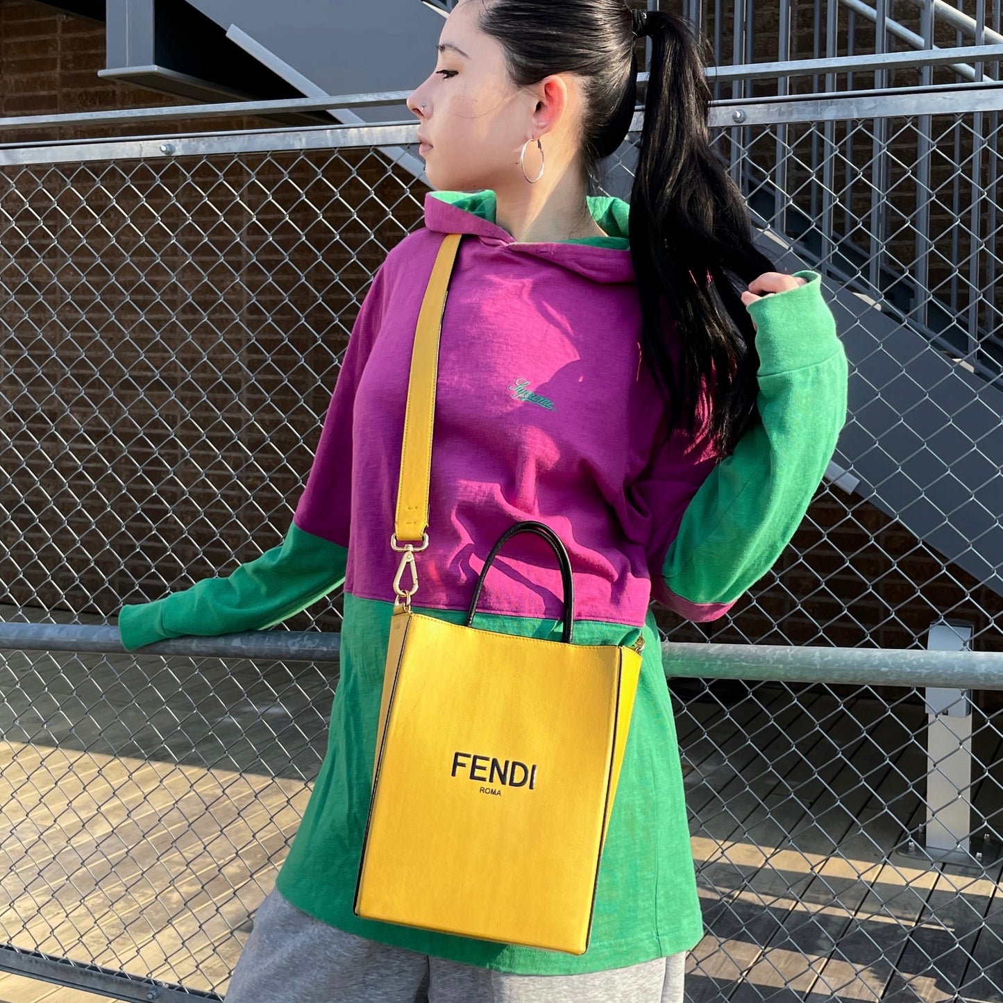 FENDI LOGO Shopper Bag 2-Way Tote Bag Yellow & Black