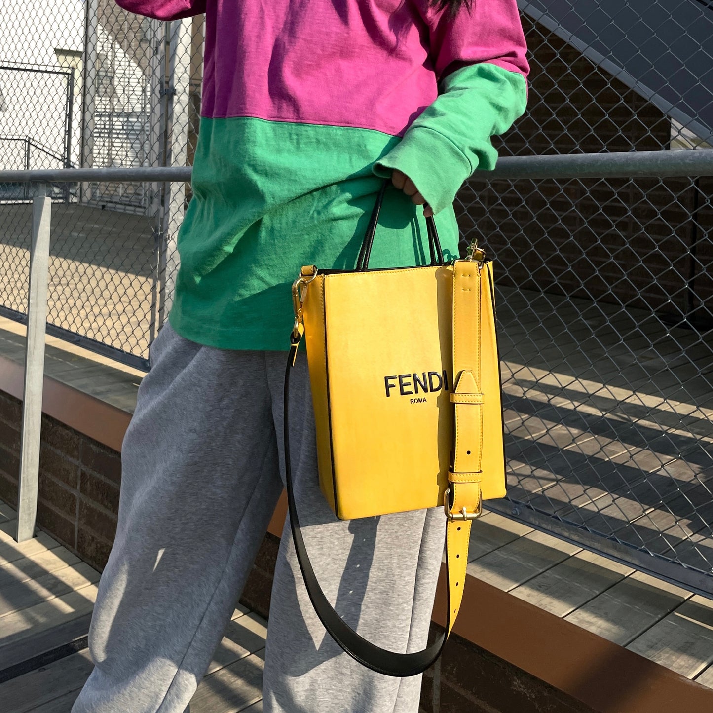 FENDI LOGO Shopper Bag 2-Way Tote Bag Yellow & Black