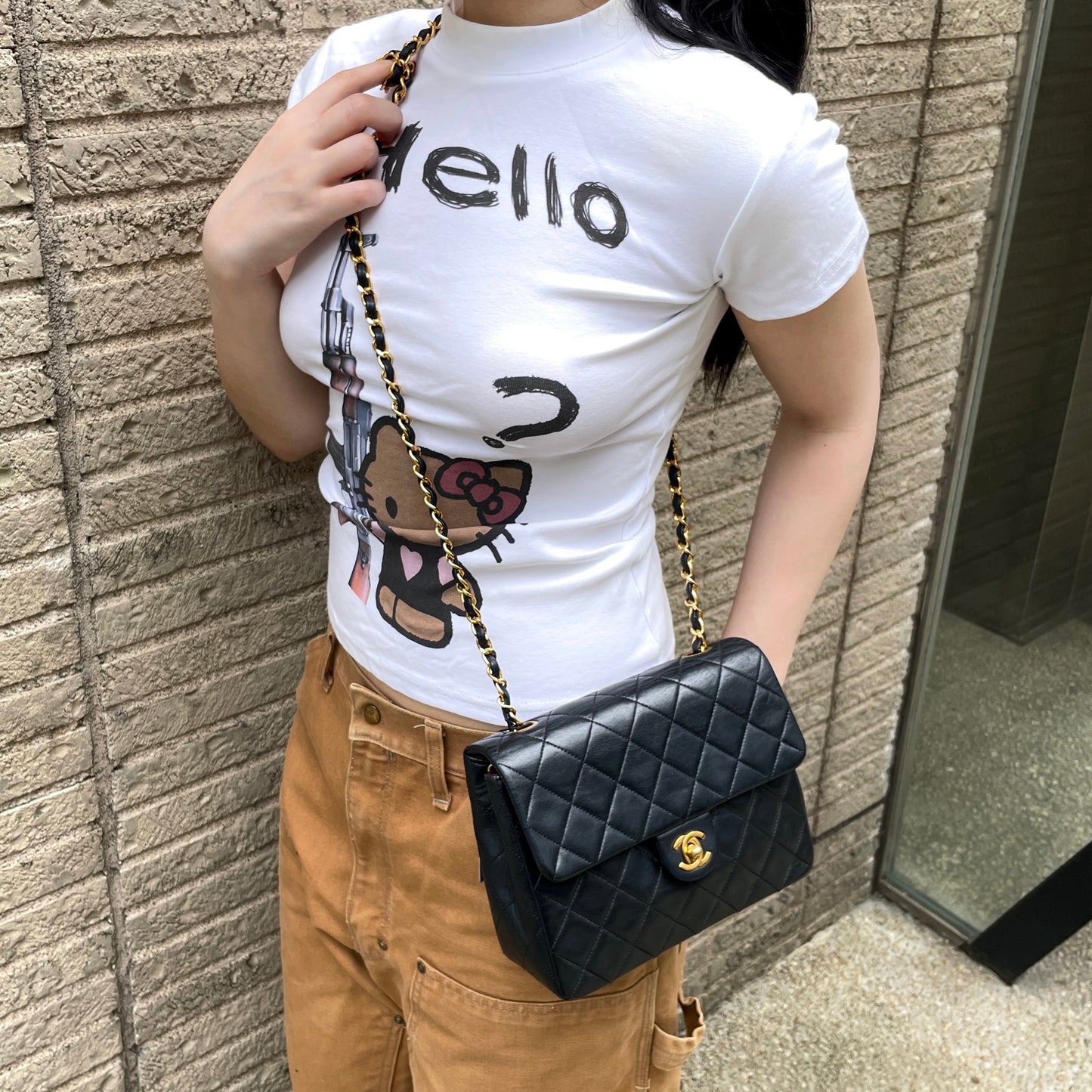 CHANEL 1990 Matelassé CC LOGO Turn Lock Mini Chain Shoulder Flap Bag Black & Gold #