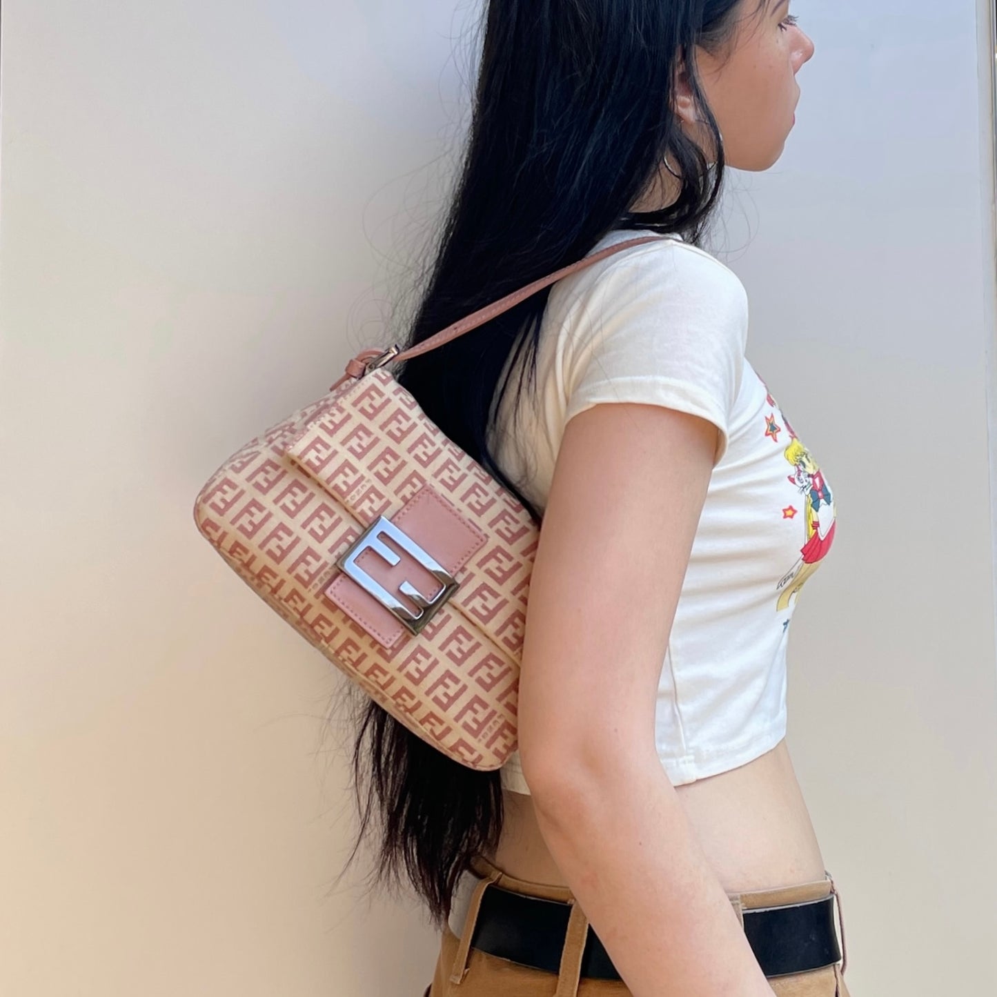 RARE☆☆☆FENDI Zucchino Mini Mamma Baguette Shoulder Bag Pink & Beige