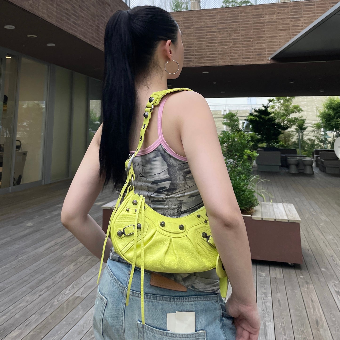 RARE☆☆☆☆Balenciaga Le Cagole Shoulder Bag XS in Neon Green Arena Lambskin, Aged-Silver Hardware