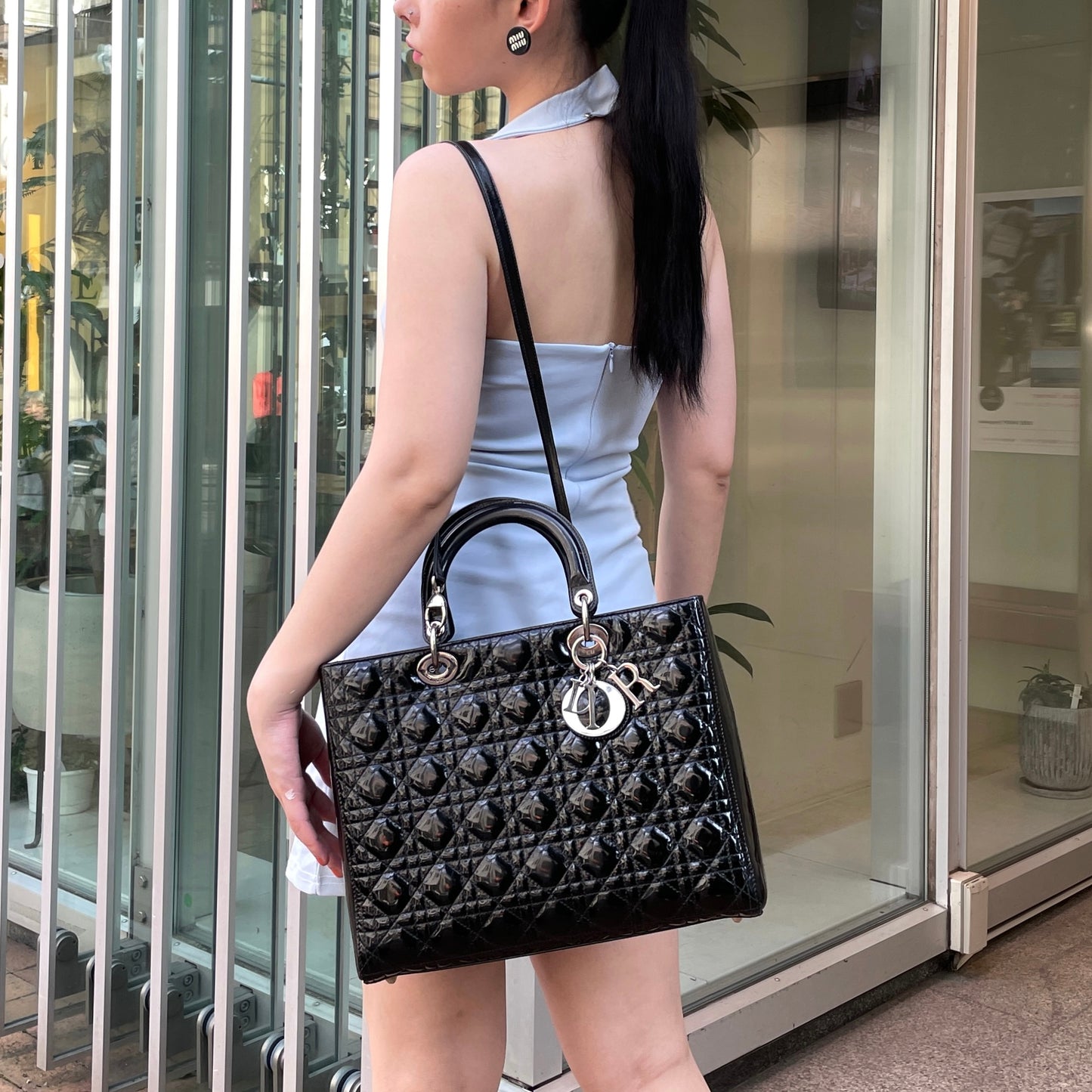 CHRISTIAN DIOR Lady-Dior Cannage 2-Way Tote Hand Bag GM Black & Silver