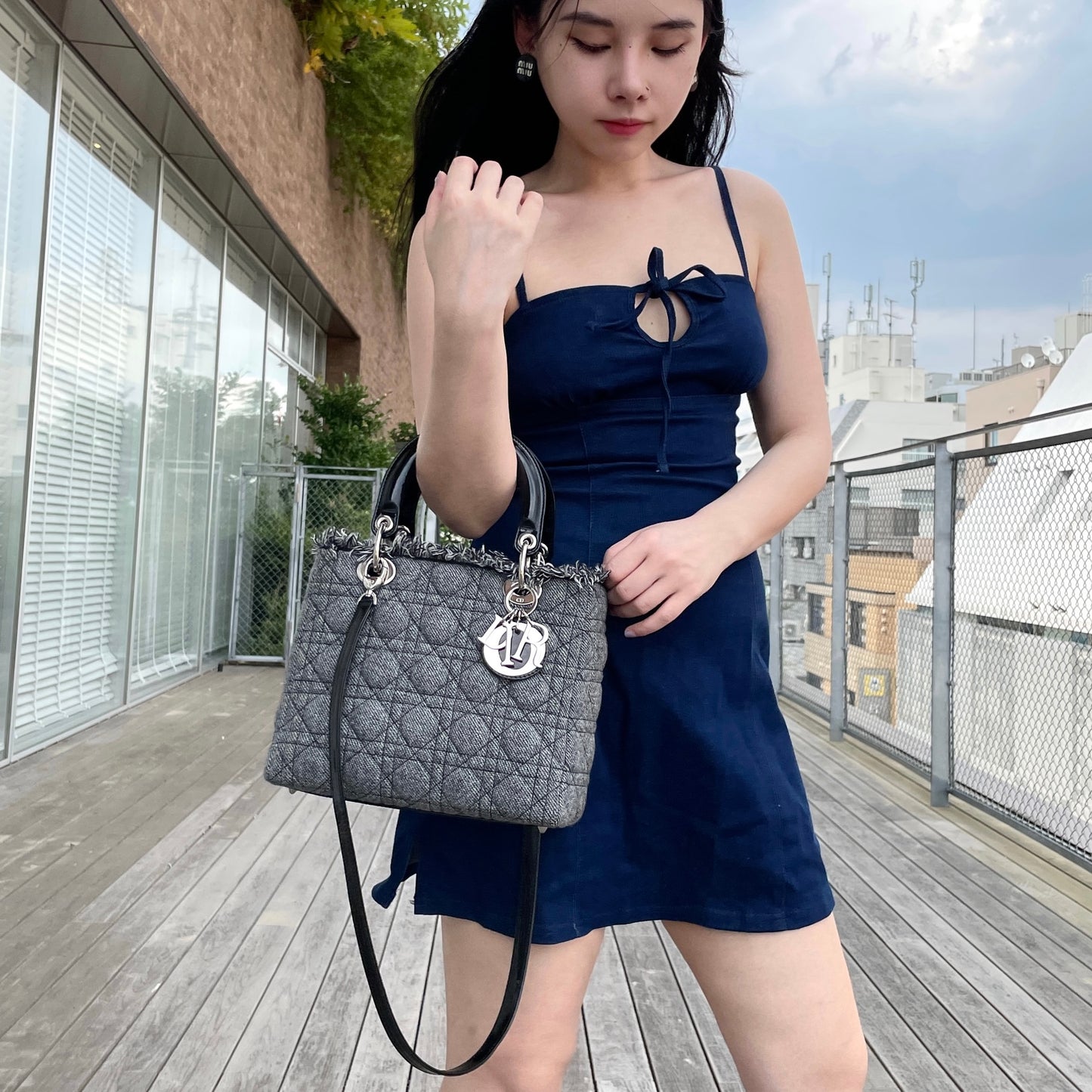 RARE☆☆☆CHRISTIAN DIOR Lady-Dior Cannage･Denim 2-Way Tote Hand Bag MM SHW Gray &amp; Black