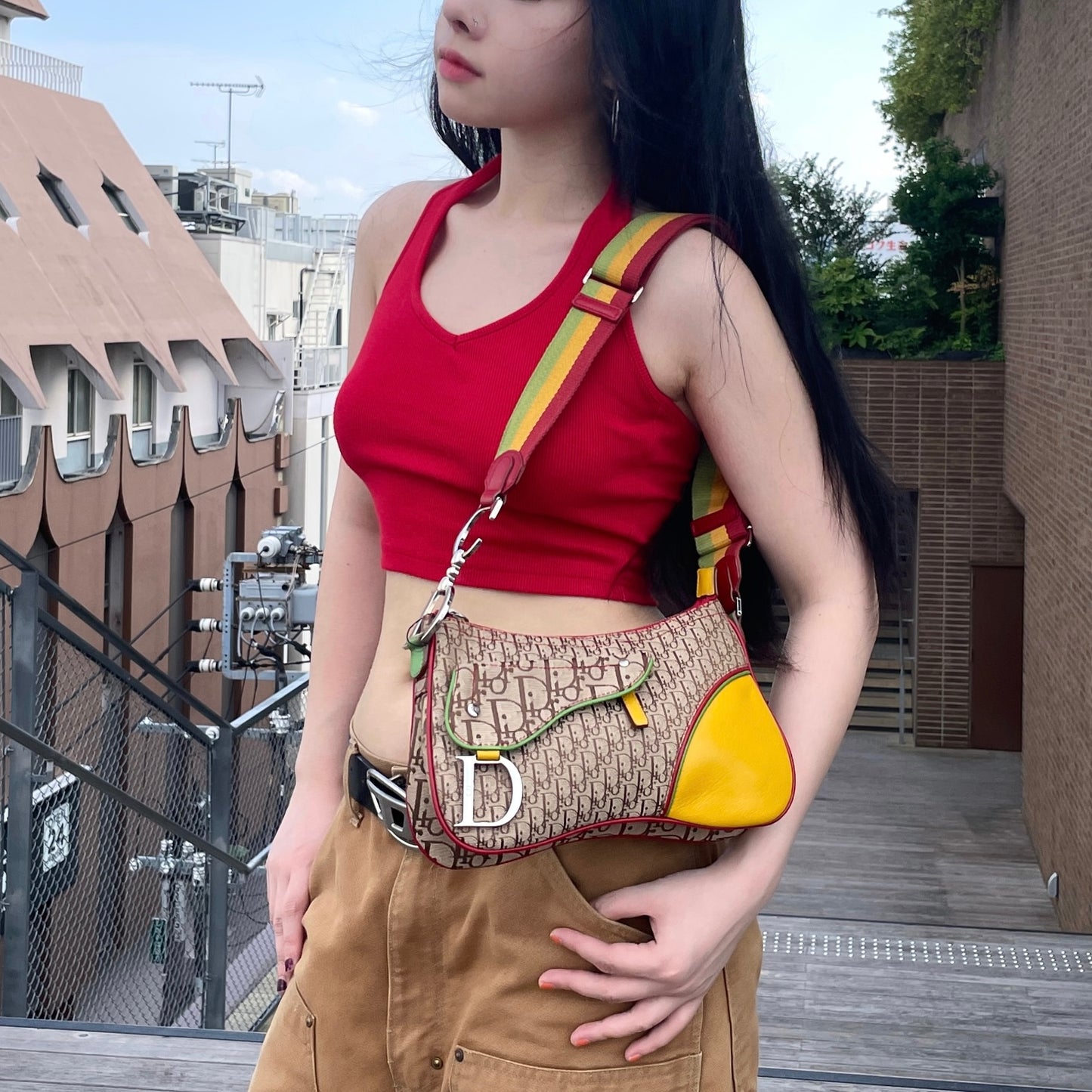 RARE☆☆☆☆☆CHRISTIAN DIOR 2004 Preloved Rasta Line Trotter Saddle Shoulder Bag Brown &amp; Multicolor