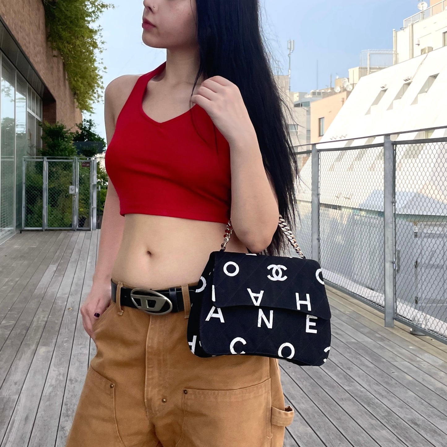 RARE★★★★CHANEL 1997 1995 SS Matelassé Canvas Chain-Handle C H A N E L Graffiti Top Handle Bag Small Black/White