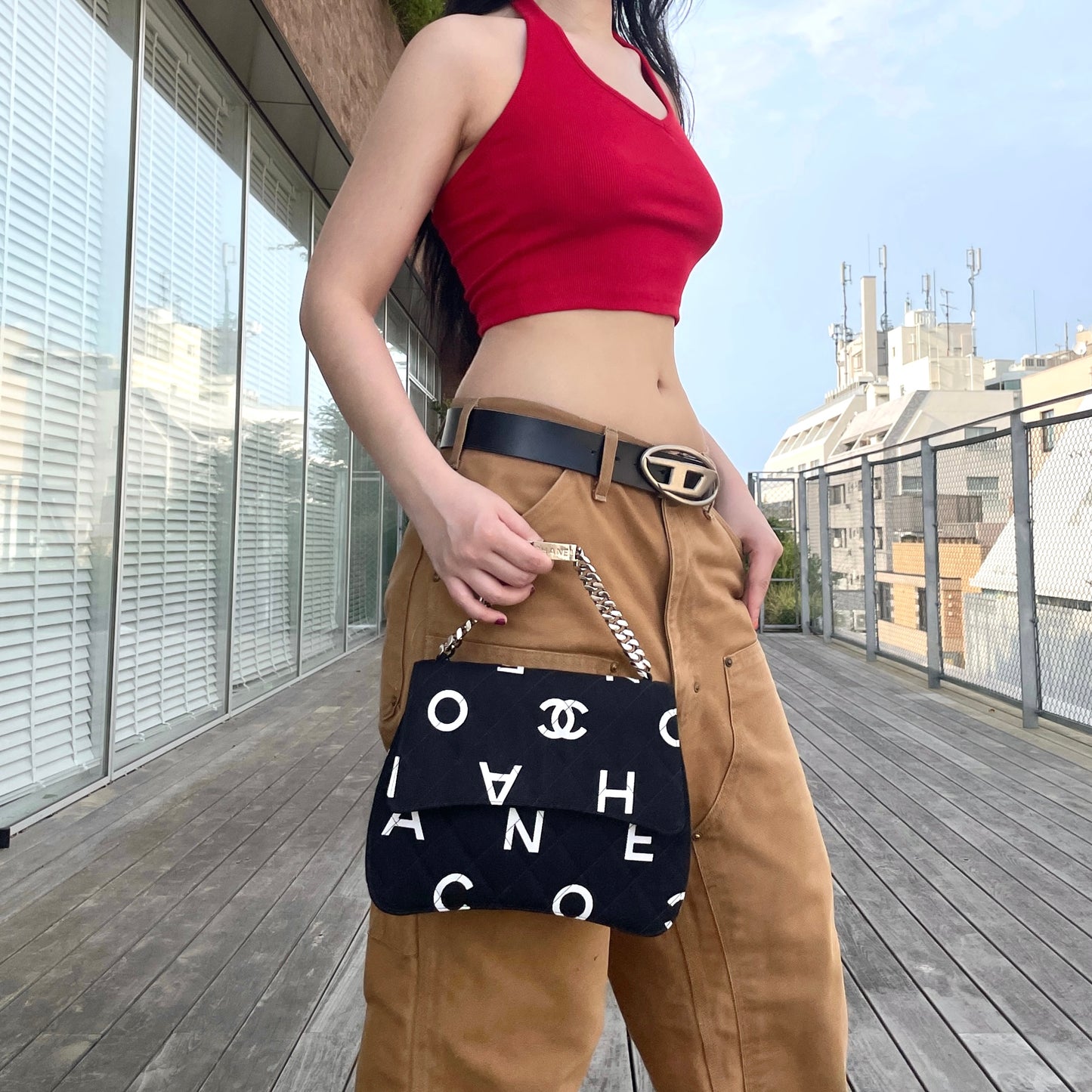 RARE★★★★CHANEL 1997 1995 SS Matelassé Canvas Chain-Handle C H A N E L Graffiti Top Handle Bag Small Black/White