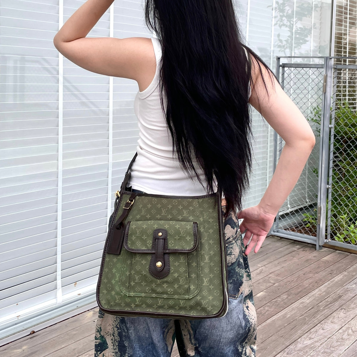LOUIS VUITTON 2004 Monogram Mini Lin Besace Mary-Kate Shoulder Bag M92322 Khaki Green & Brown