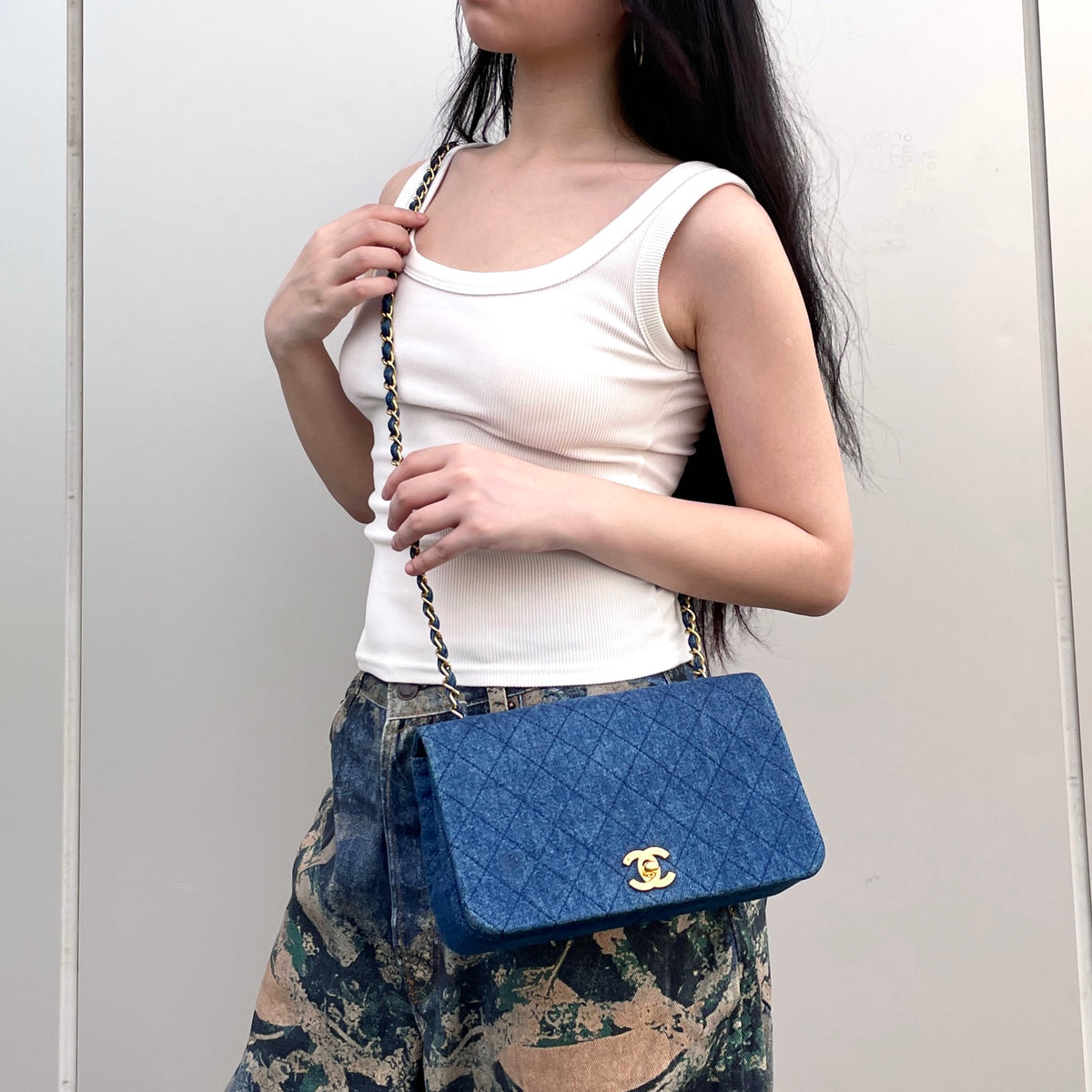RARE☆☆☆☆CHANEL 1990~ Matelassé Denim Full Flap Chain Shoulder Bag Blue & Gold #