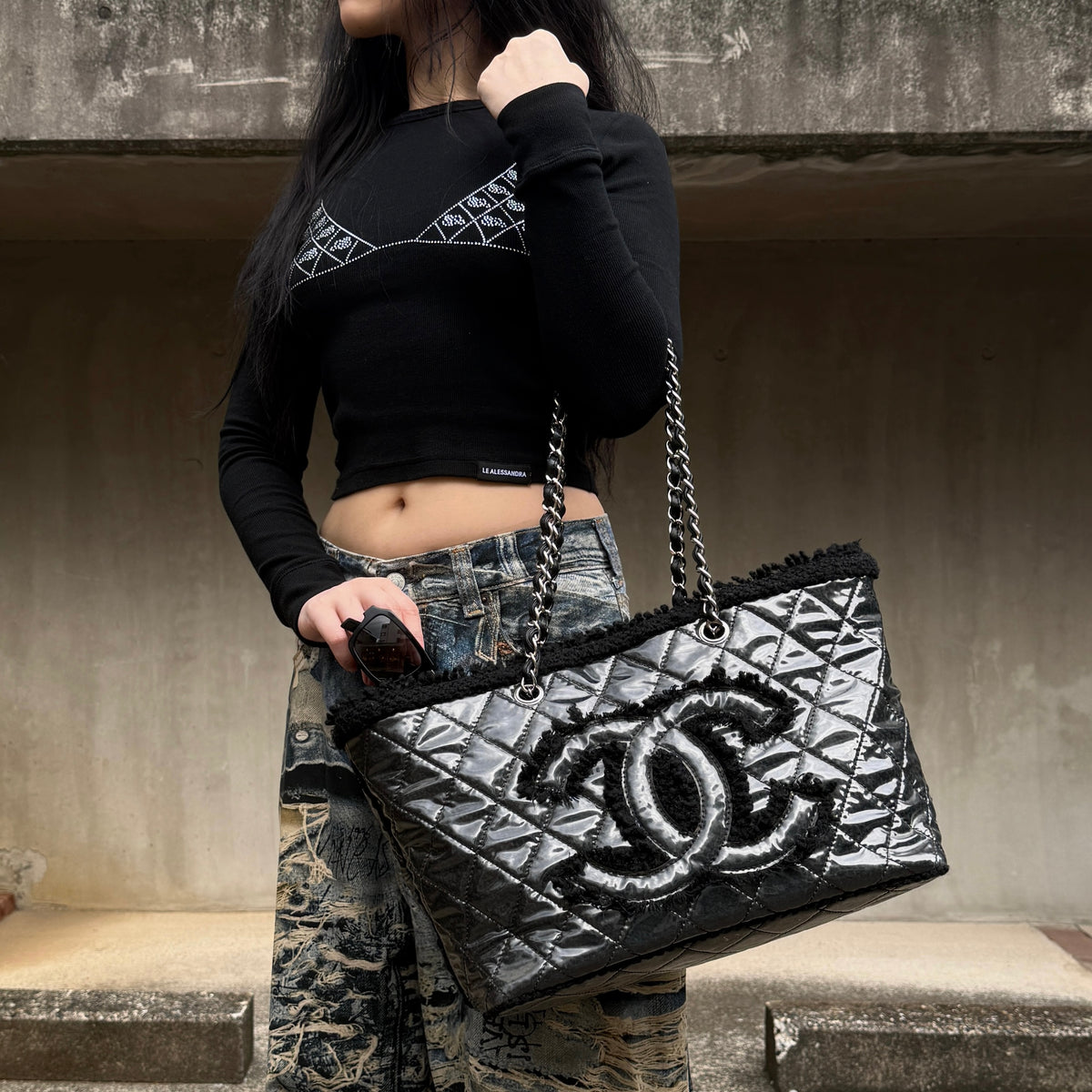 RARE☆☆☆CHANEL 2009 Matelassé Jumbo Coco Mark Fleece PVC Chain Shoulder Tote Bag Black & Silver