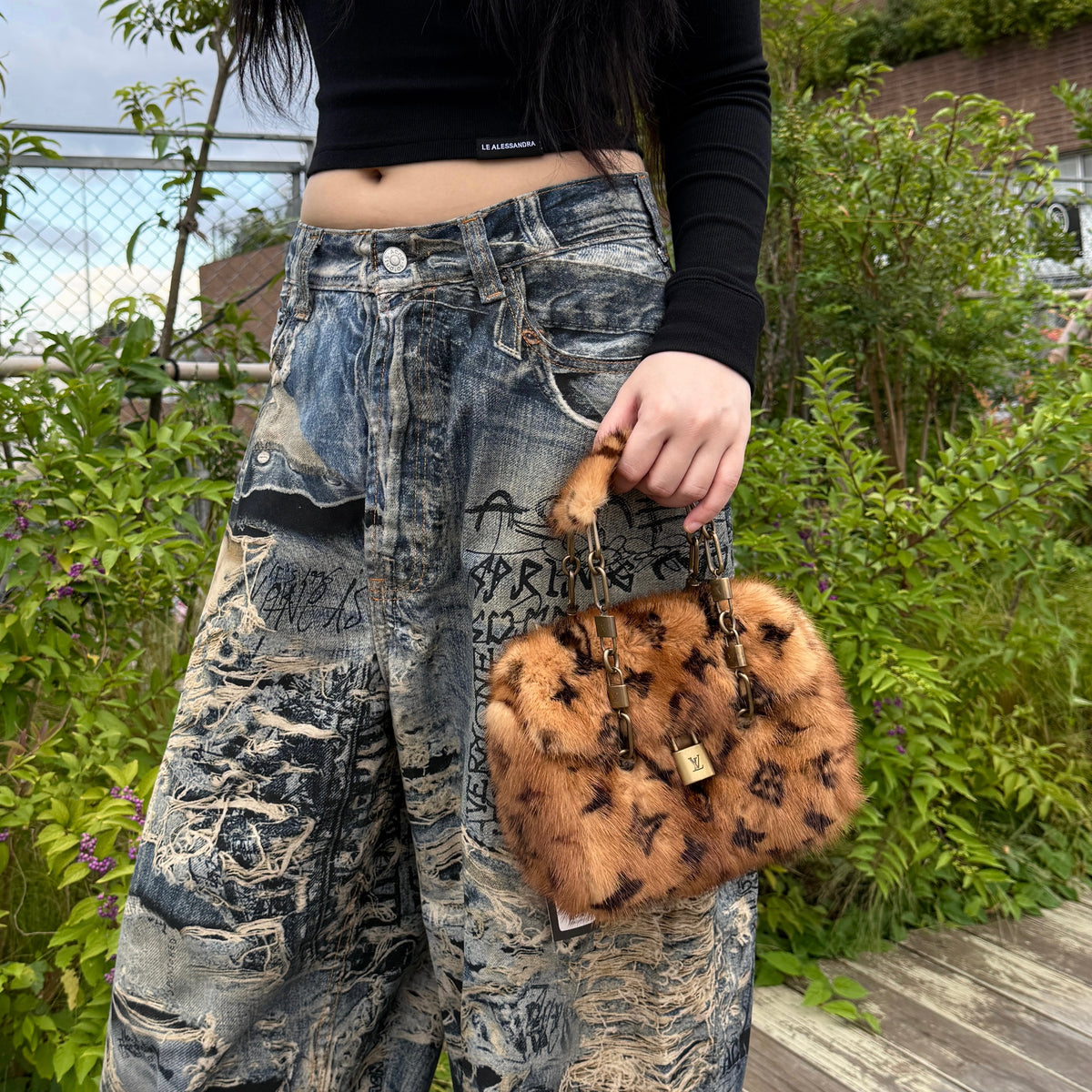 RARE☆☆☆☆☆☆☆LOUIS VUITTON 2004 Extraordinary Mini Papillon Monogram Mink Fur Crocodile Leather Brown & Antique Gold