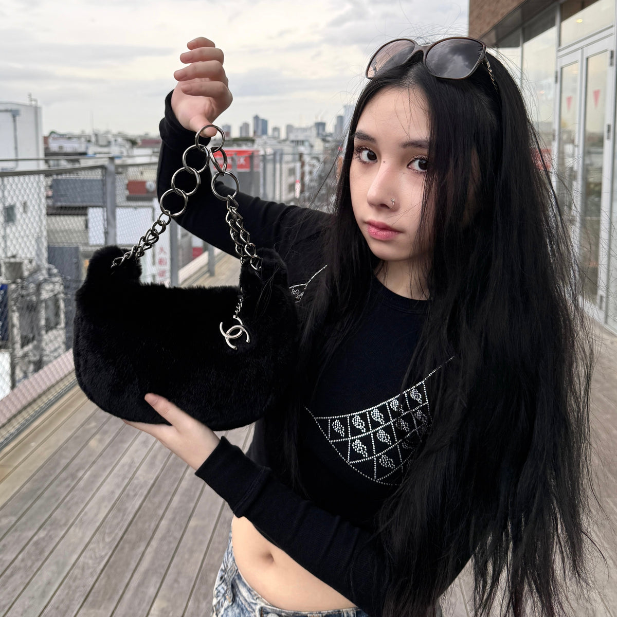 RARE☆☆☆CHANEL Coco Mark Pendant Rabbit Fur Chain Shoulder Bag