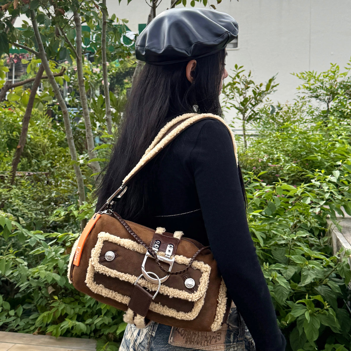 RARE☆☆☆☆☆CHRISTIAN DIOR 2005 FW Limited Flight Line Shearling D Logo Hobo Shoulder Bag Brown & Orange #