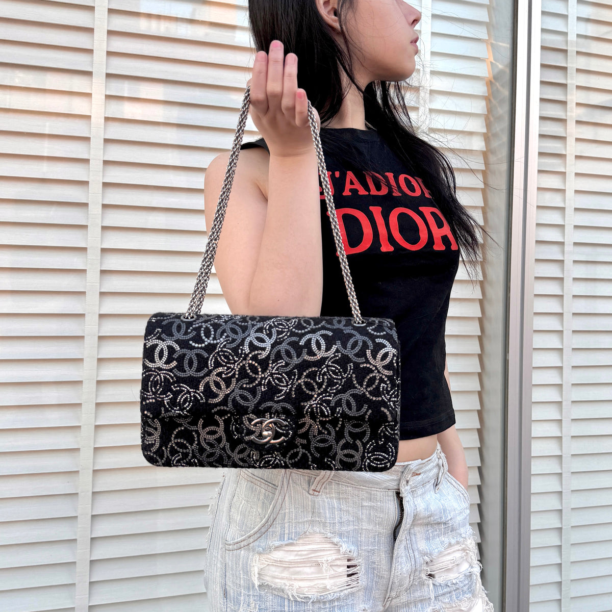 稀有☆☆☆☆☆☆香奈儿09/10上海秋季系列水钻Coco Mark经典翻盖双链单肩包编号13