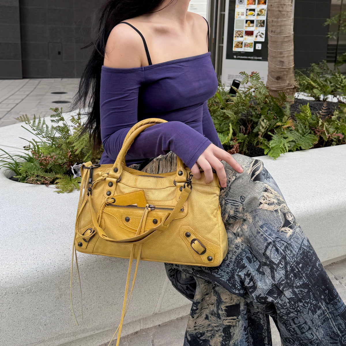 RARE☆☆☆☆Balenciaga Punching Leather Le City First 2Way Hand Bag with Strap Yellow & Brass Hardware