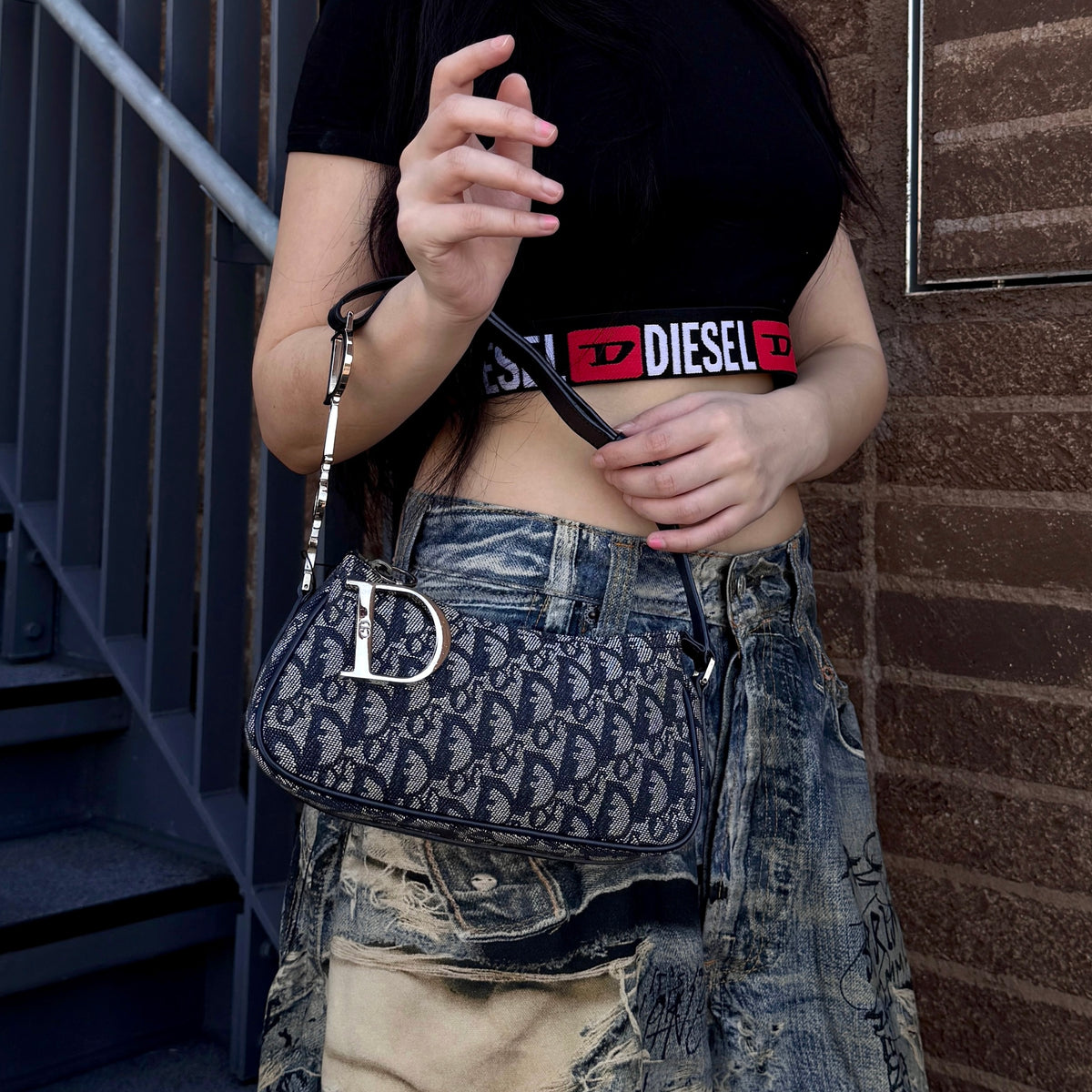 RARE☆☆☆☆CHRISTIAN DIOR Trotter Canvas D Pendant Shoulder Bag/Pouch Navy & Silver