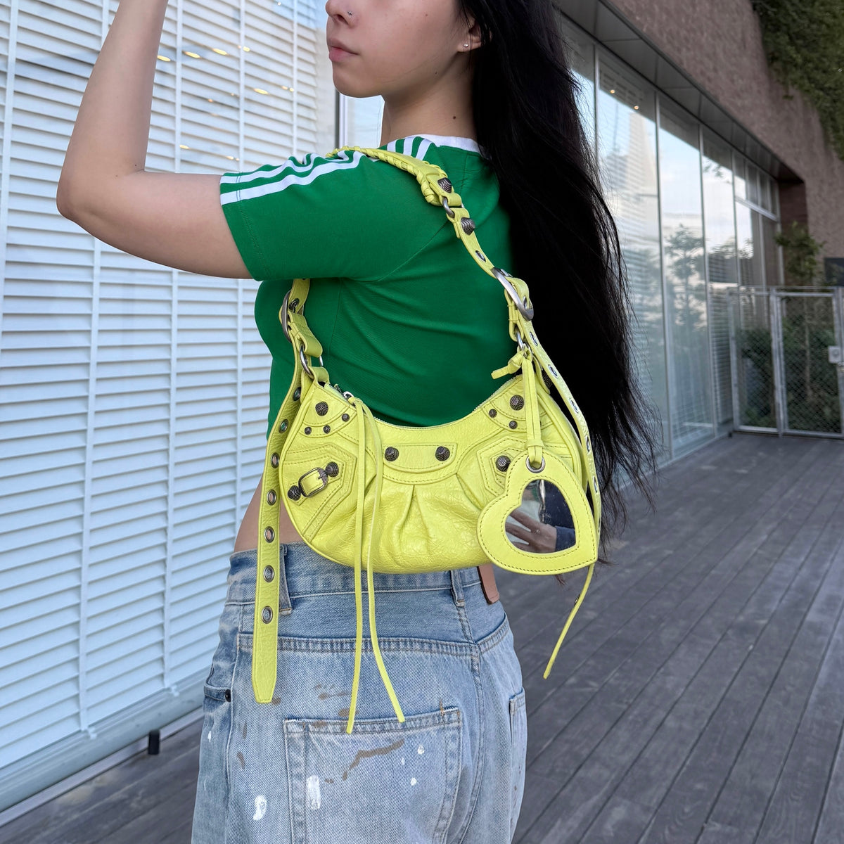 RARE☆☆☆☆Balenciaga Le Cagole Shoulder Bag XS in Neon Green Arena Lambskin, Aged-Silver Hardware