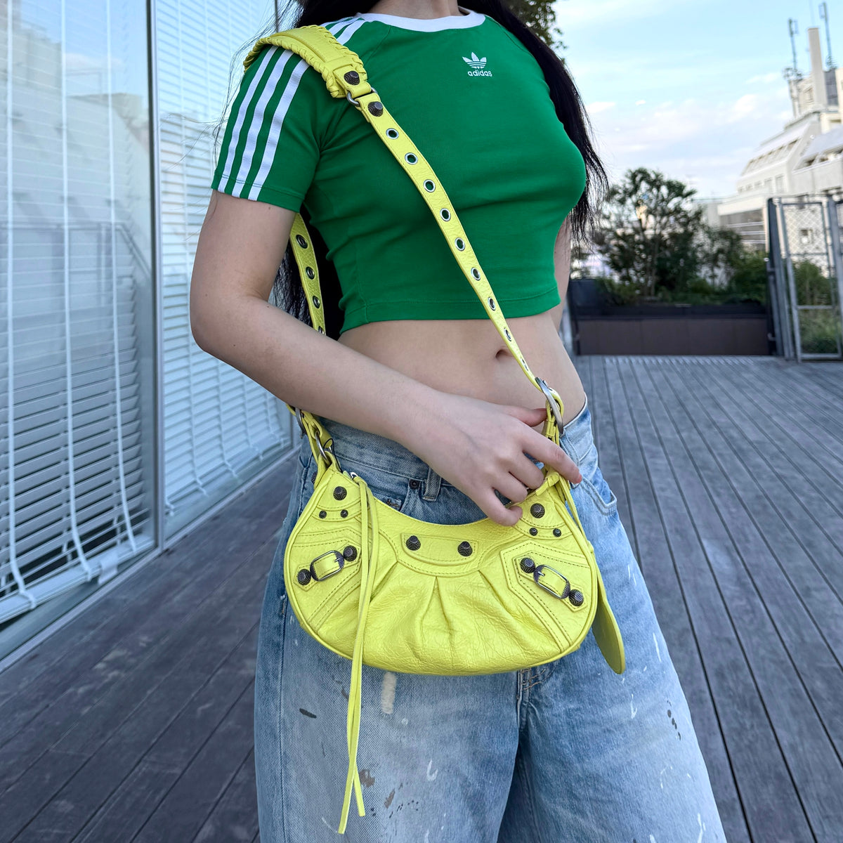 RARE☆☆☆☆Balenciaga Le Cagole Shoulder Bag XS in Neon Green Arena Lambskin, Aged-Silver Hardware