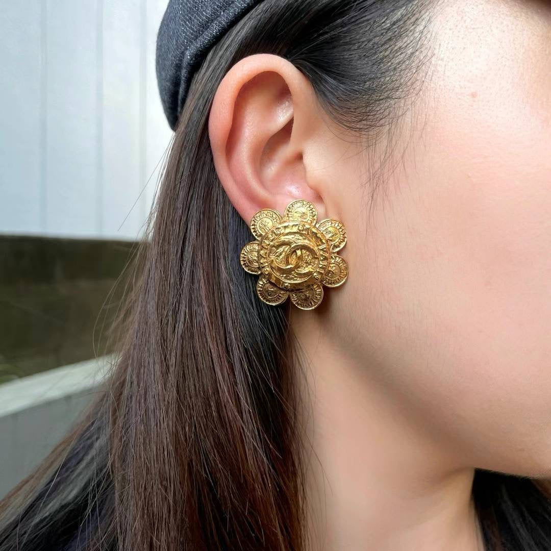 CHANEL Coco Mark Medal Flower Earrings