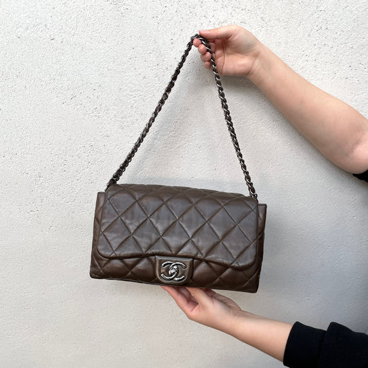 CHANEL Matelassé Double Chain Single Flap Bag Brown