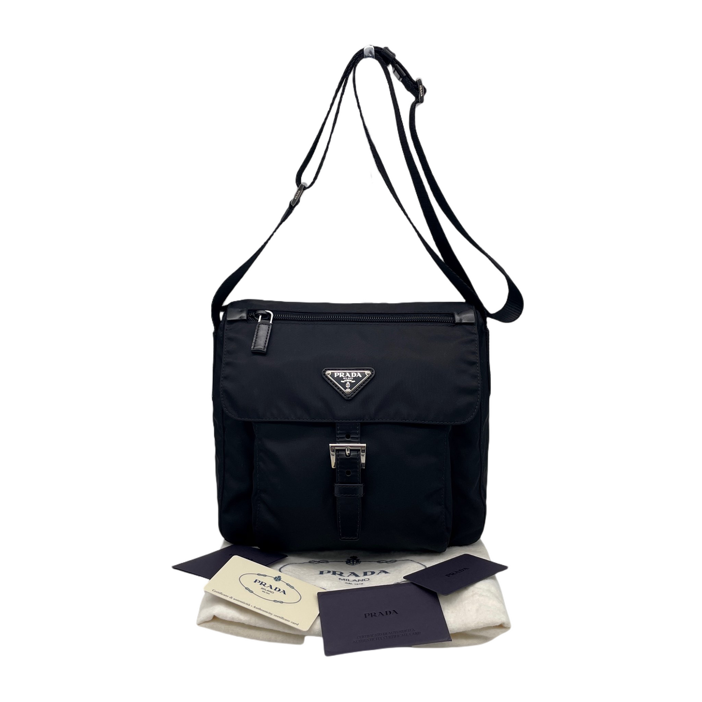 PRADA Triangle Plated Pocket Crossbody Shoulder Bag Black &amp; Silver