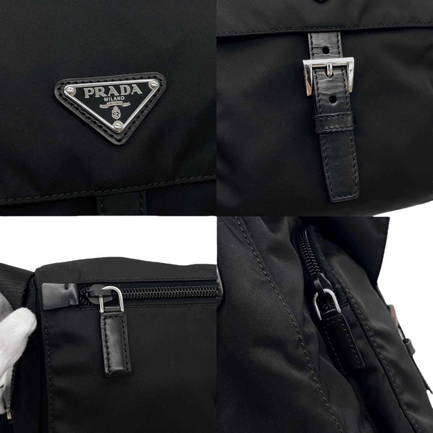 PRADA Triangle Plated Pocket Crossbody Shoulder Bag Black &amp; Silver