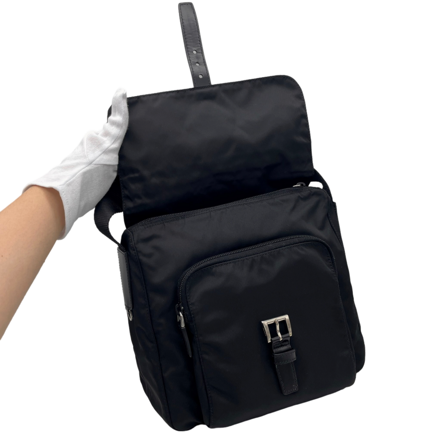 PRADA Triangle Plated Pocket Crossbody Shoulder Bag Black &amp; Silver