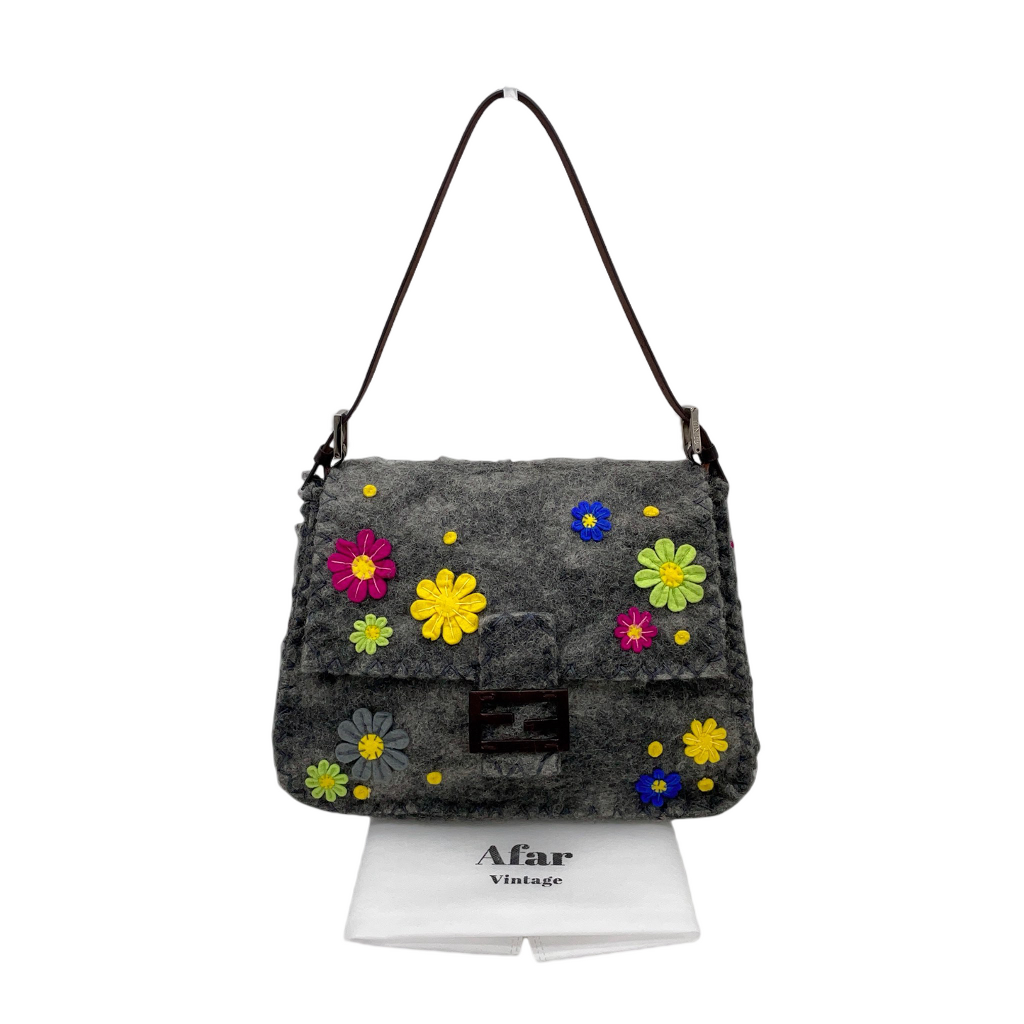 RARE☆☆☆☆FENDI Wool Felt Flower Mamma Baguette GM Shoulder Bag Gray &amp; Multicolor