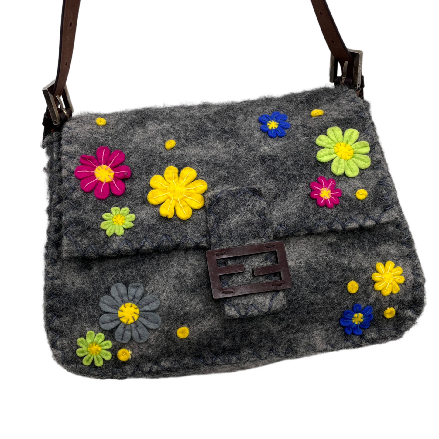RARE☆☆☆☆FENDI Wool Felt Flower Mamma Baguette GM Shoulder Bag Gray &amp; Multicolor
