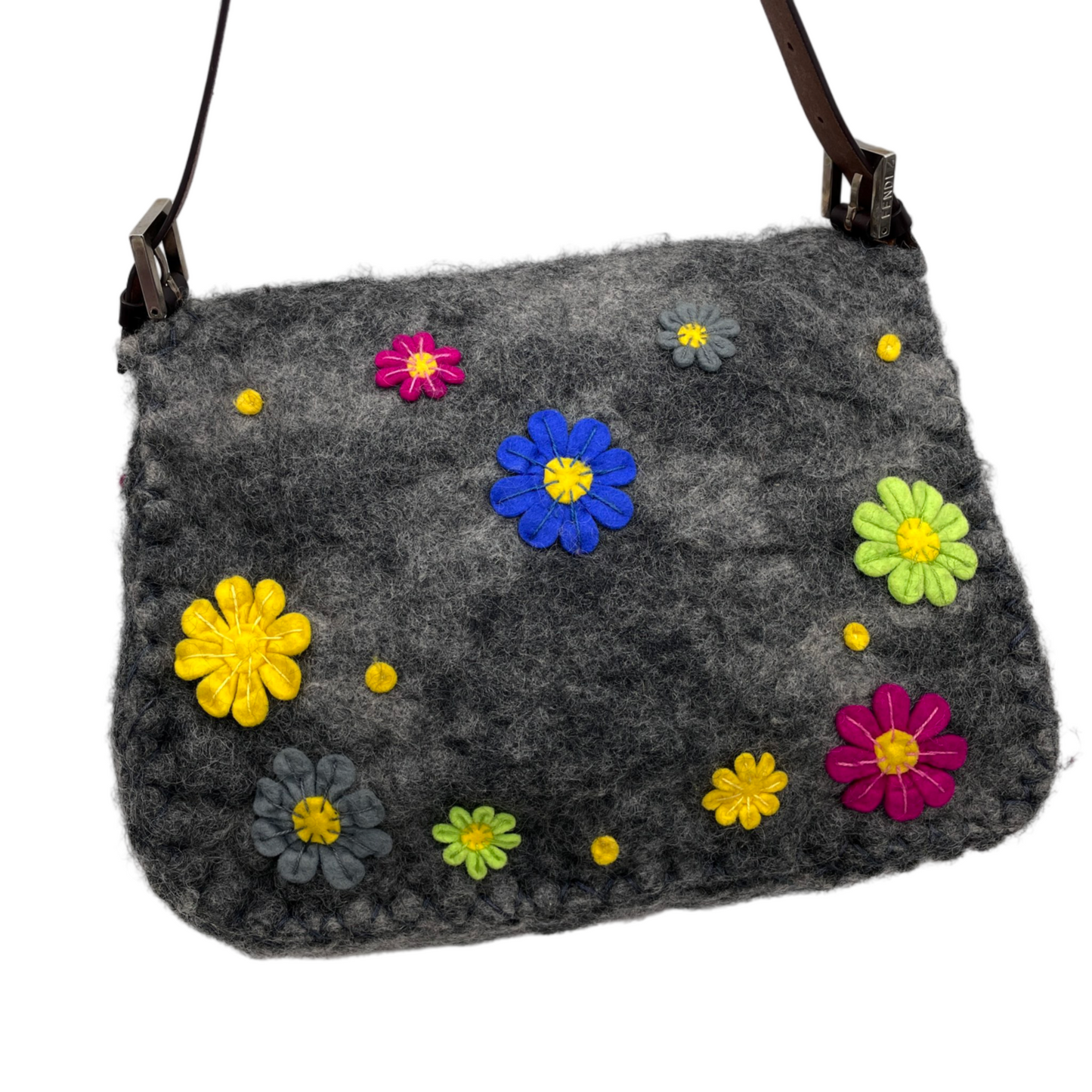 RARE☆☆☆☆FENDI Wool Felt Flower Mamma Baguette GM Shoulder Bag Gray &amp; Multicolor