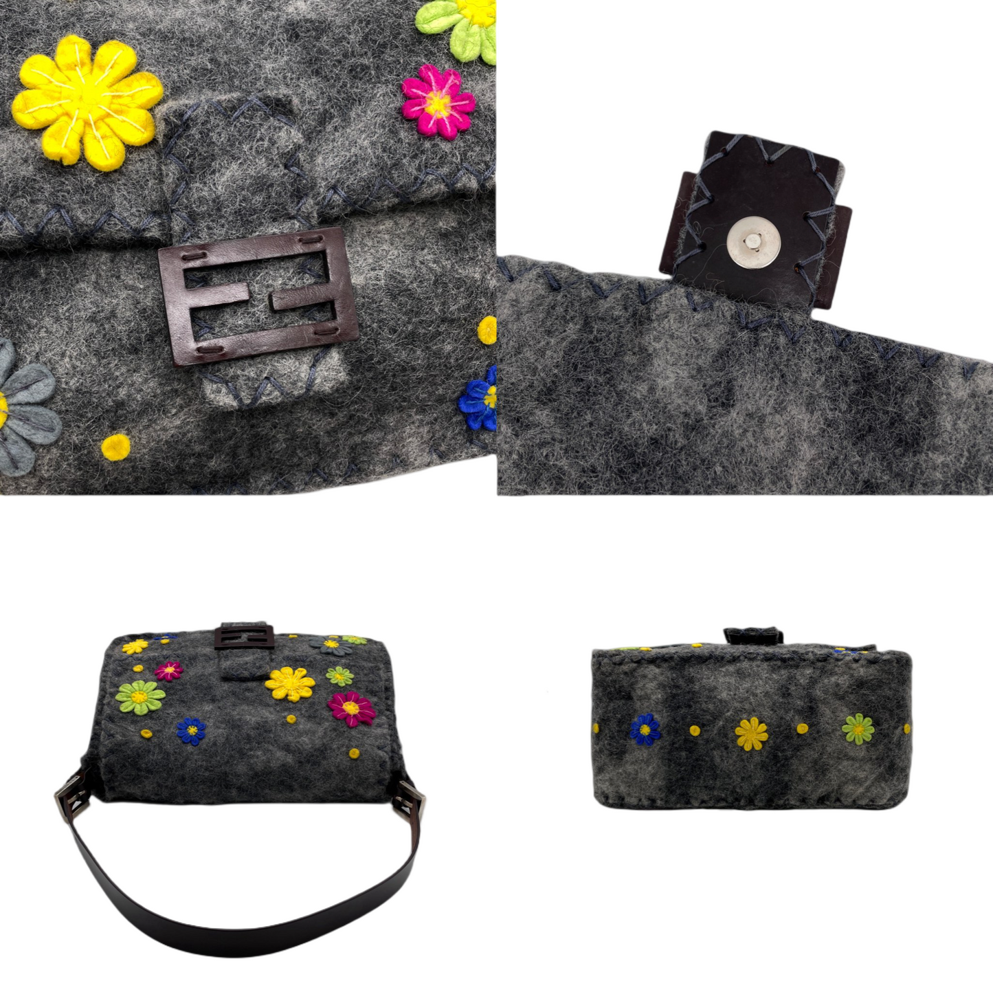 RARE☆☆☆☆FENDI Wool Felt Flower Mamma Baguette GM Shoulder Bag Gray &amp; Multicolor