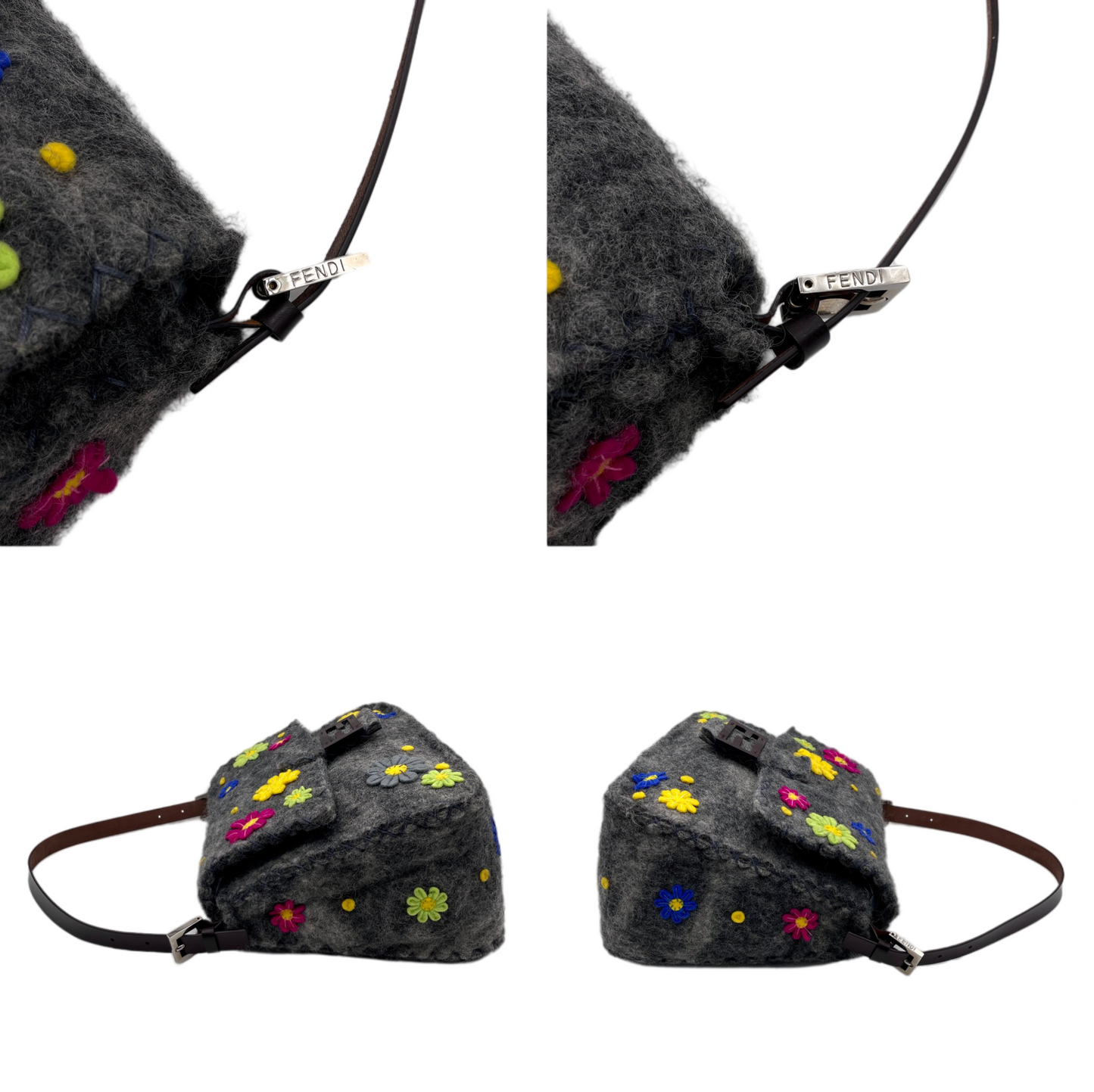 RARE☆☆☆☆FENDI Wool Felt Flower Mamma Baguette GM Shoulder Bag Gray &amp; Multicolor