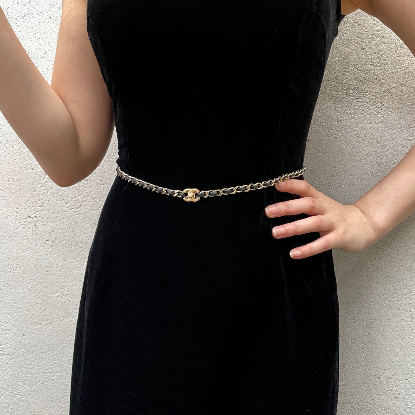 CHANEL Matelassé CC LOGO Trun Lock Necklace &amp; Chain Belt Black &amp; Gold
