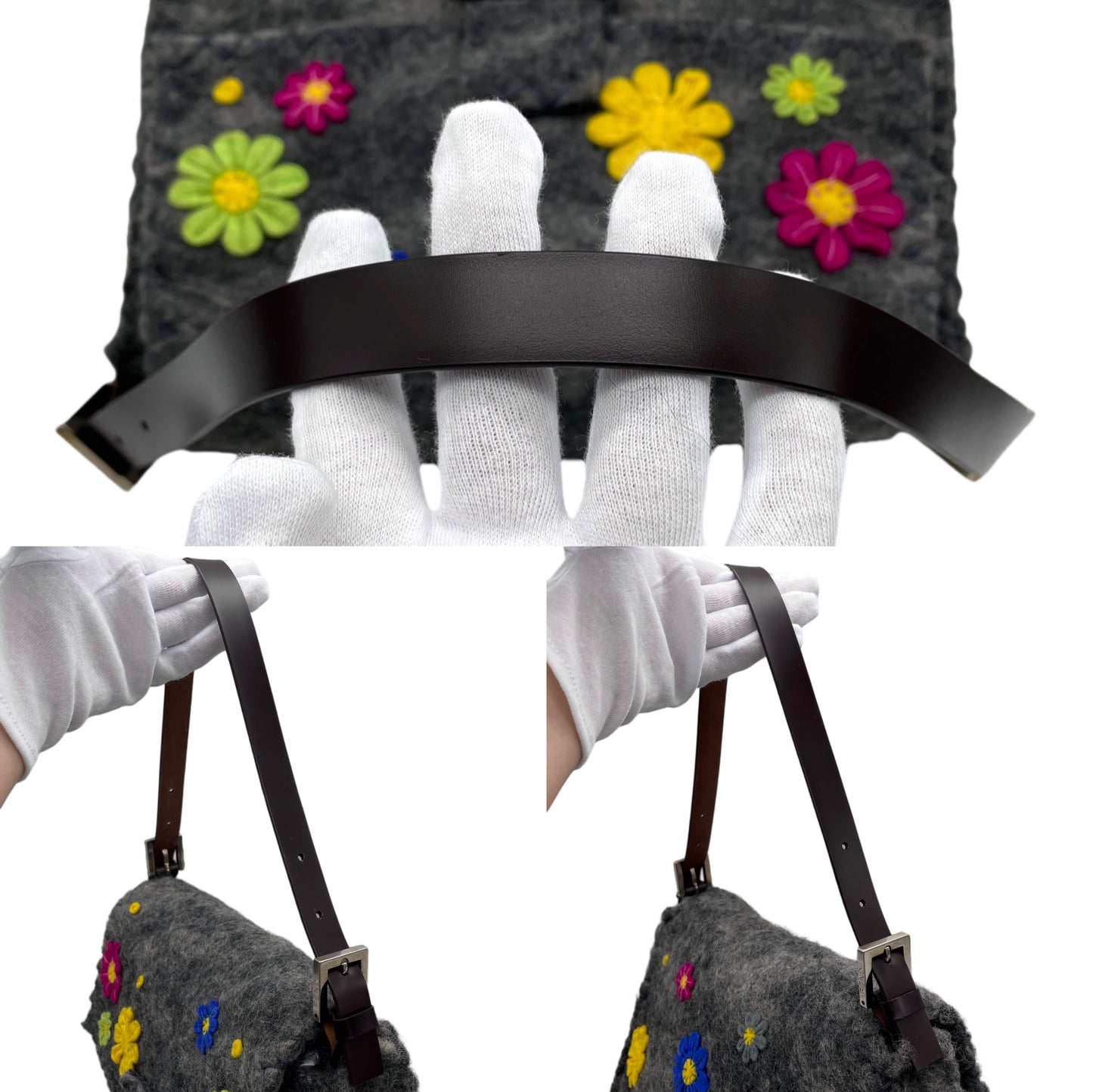 RARE☆☆☆☆FENDI Wool Felt Flower Mamma Baguette GM Shoulder Bag Gray &amp; Multicolor