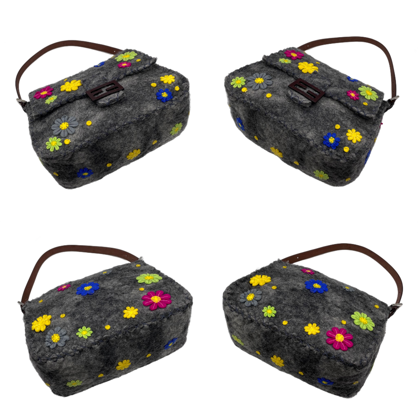 RARE☆☆☆☆FENDI Wool Felt Flower Mamma Baguette GM Shoulder Bag Gray &amp; Multicolor