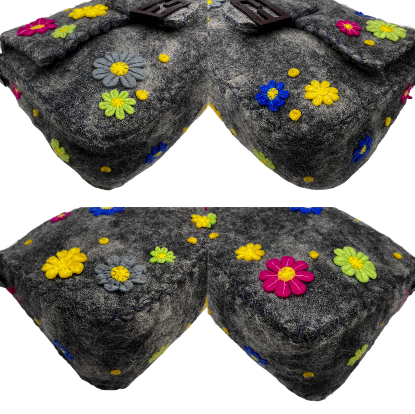RARE☆☆☆☆FENDI Wool Felt Flower Mamma Baguette GM Shoulder Bag Gray &amp; Multicolor