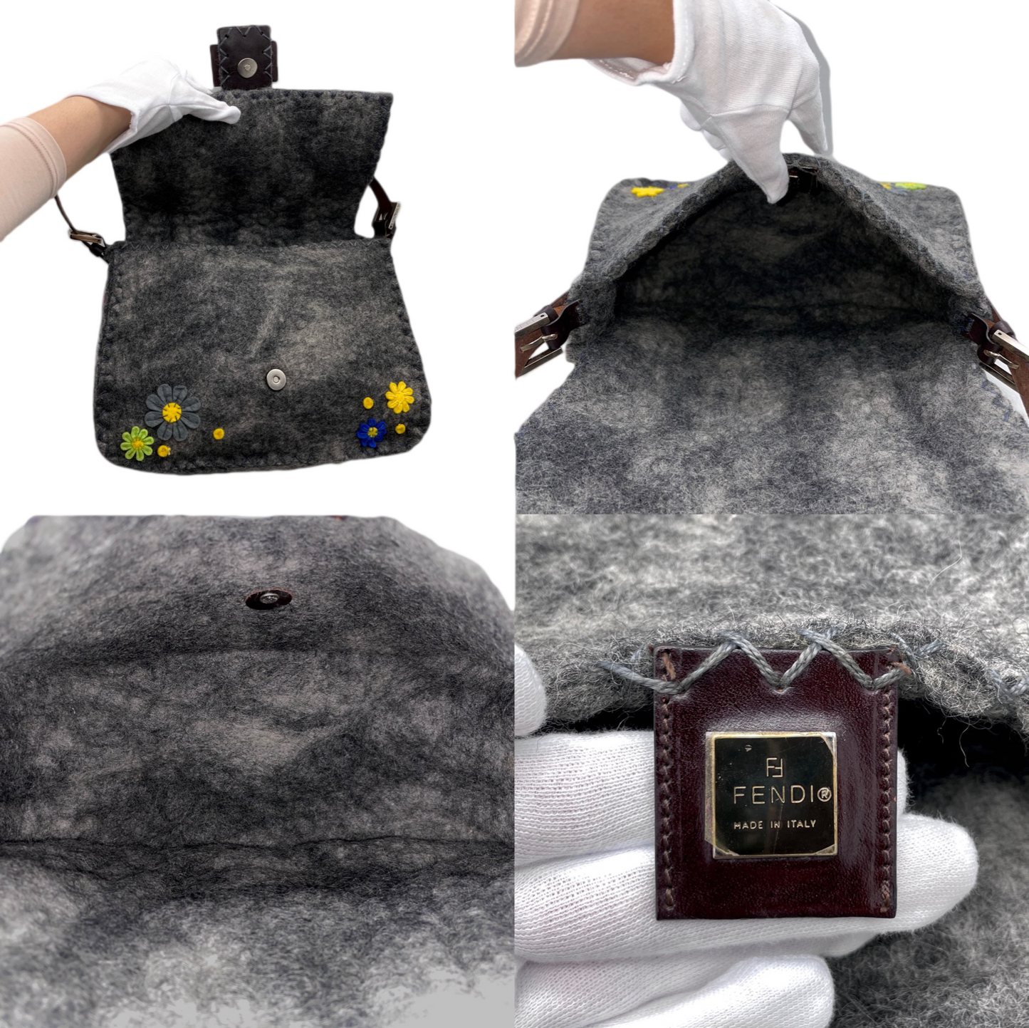 RARE☆☆☆☆FENDI Wool Felt Flower Mamma Baguette GM Shoulder Bag Gray &amp; Multicolor
