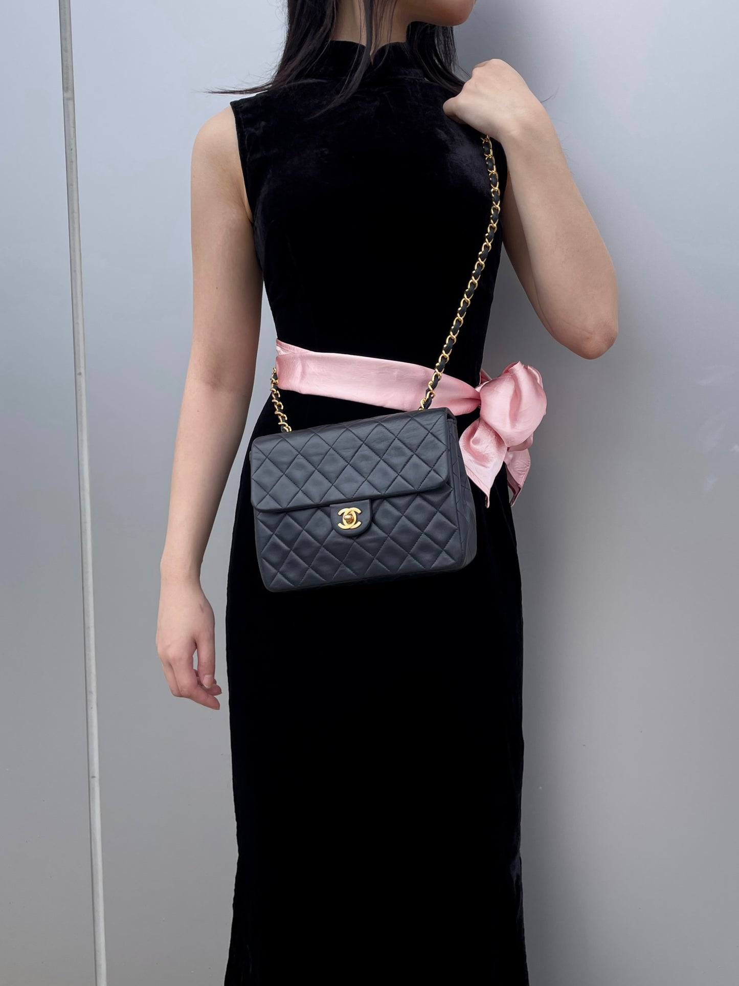 CHANEL Matelassé CC LOGO Turn Lock Mini Chain Shoulder Flap Bag Black & Gold