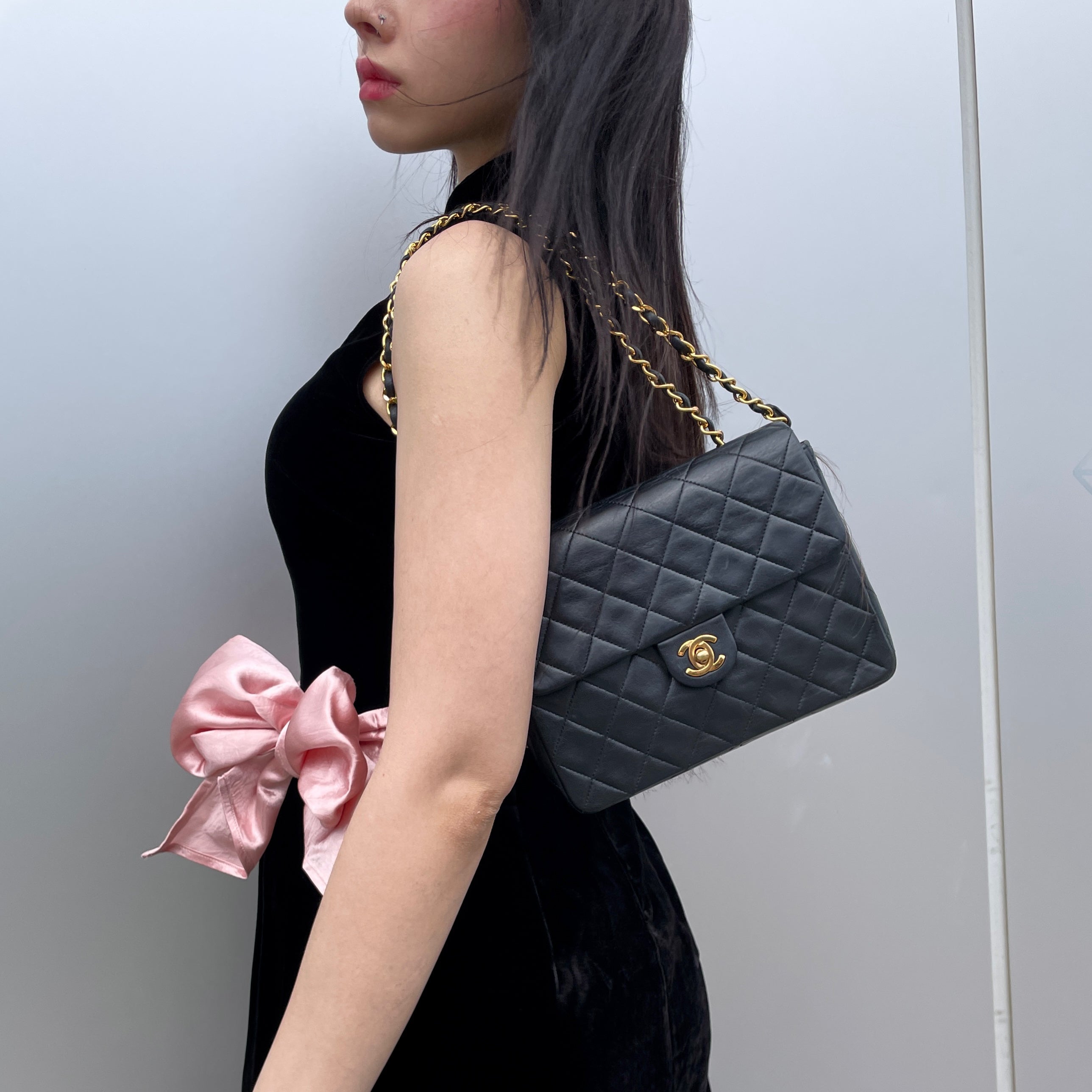 CHANEL 1990 Matelassé CC LOGO Turn Lock Mini Chain Shoulder Flap