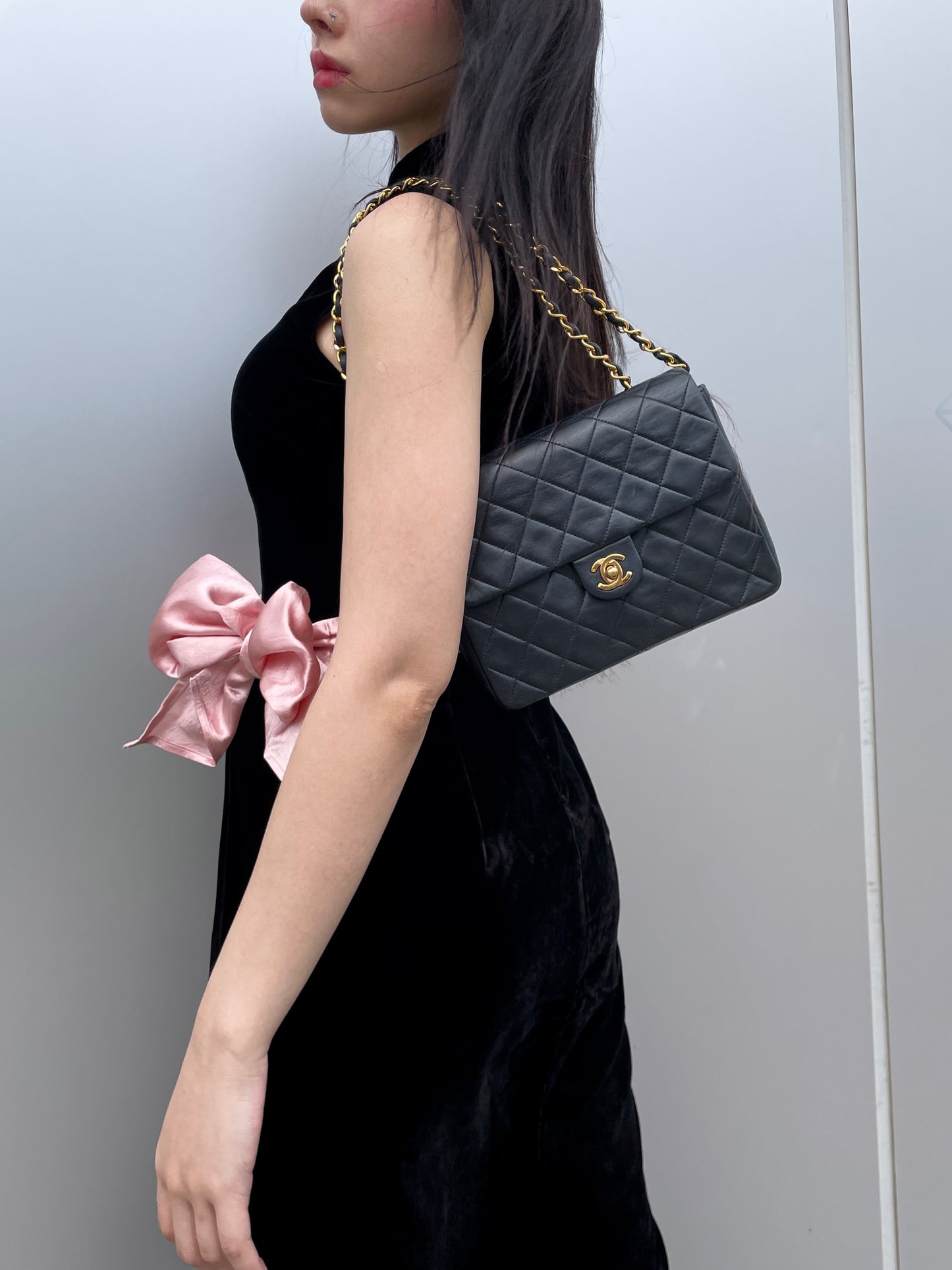 CHANEL Matelassé CC LOGO Turn Lock Mini Chain Shoulder Flap Bag Black & Gold