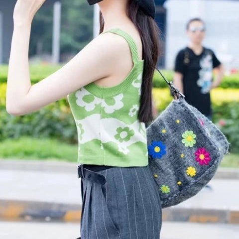 RARE☆☆☆☆FENDI Wool Felt Flower Mamma Baguette GM Shoulder Bag Gray &amp; Multicolor