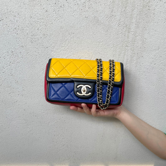 RARE★★★CHANEL 2014 Matelassé Calfskin Mondrian Multicolor Double Chain Shoulder Flap Bag Small Multicolor Gold